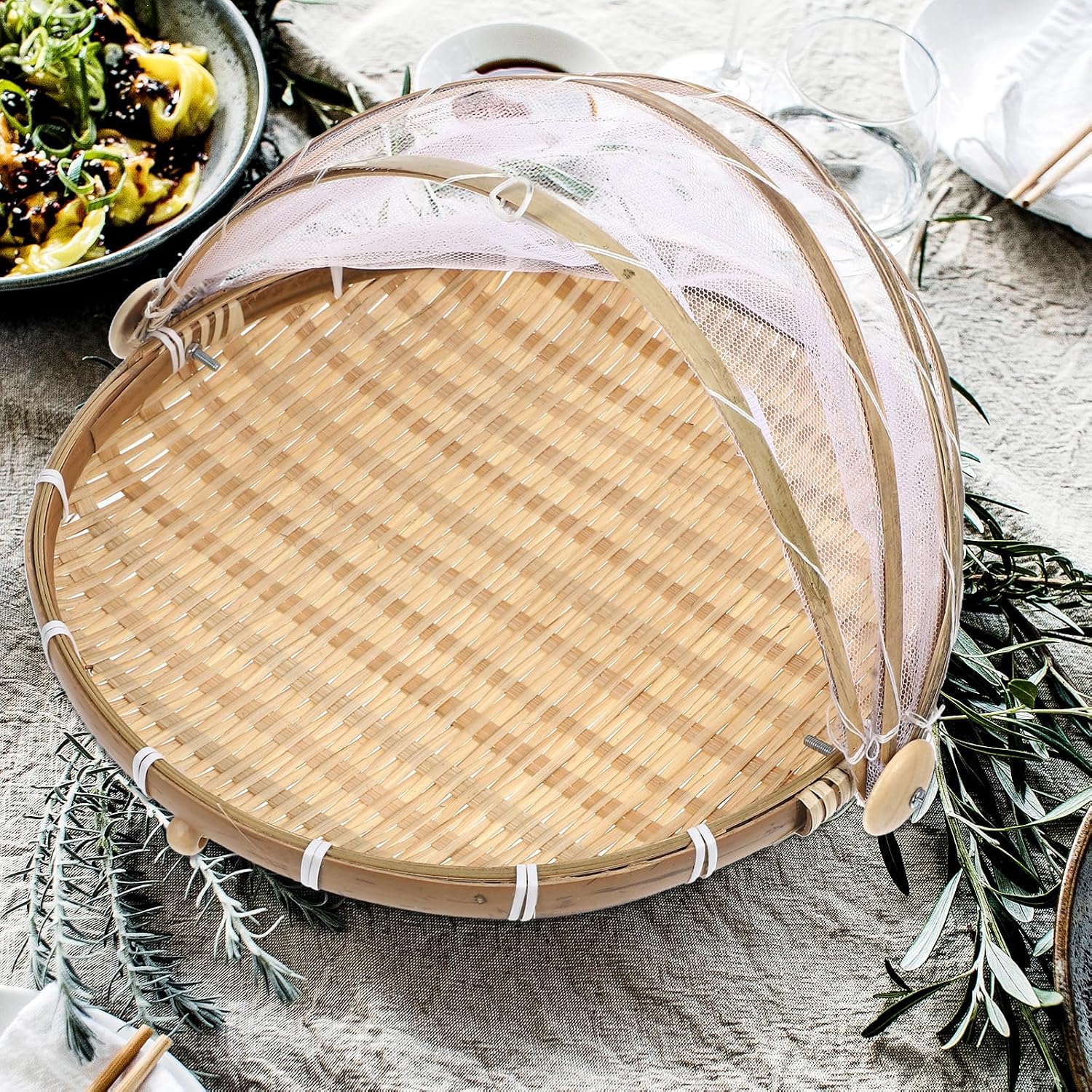 iplusmile Bamboo Woven Fruit and Vegetable Basket with Mesh Cover 12 Inch Round Food Serving Tent for Indoor Outdoor Use Breathable Storage for Bread Rice Balls and Produce