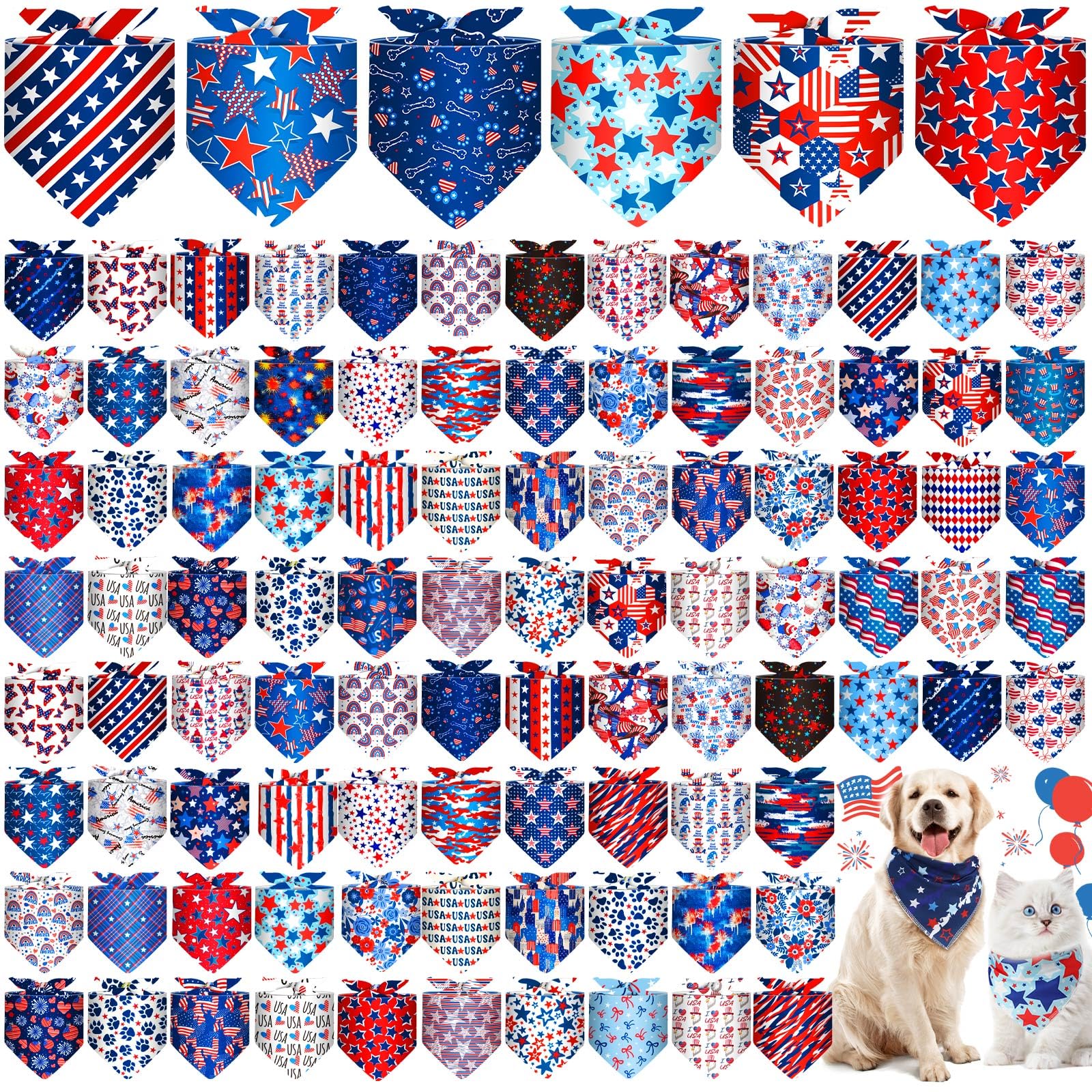 Paterr 100 Pieces Patriotic Dog Bandanas Bulk 4th of July Independence Day Pet Handkerchief Memorial Triangle Bibs Kerchief Adjustable Washable Pet Scarf Accessory for Small Medium Puppy Cats