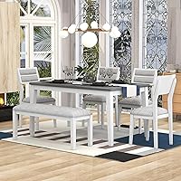 Vista 18 de Juego de mesa de comedor de madera de goma de 6 piezas con patrón de grano de madera y cojín suave, mesa de comedor rectangular con 4 sillas