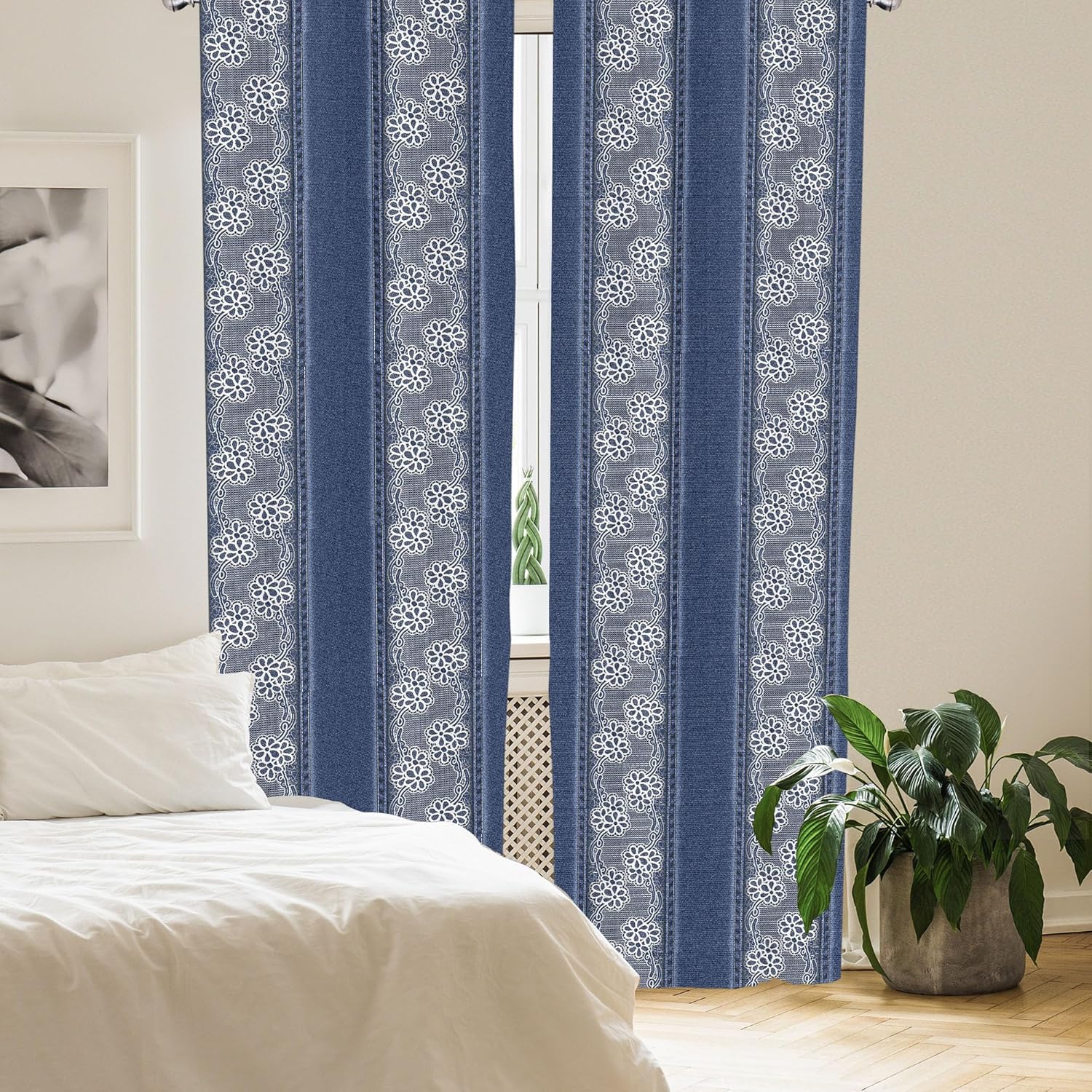 Lunarable Floral Curtains, Jeans Background Plain Flower Motifs Pattern Denim Themed Digital Print, Window Treatments 2 Panel Set for Living Room Bedroom, Pair of - 28" x 95", Blue White