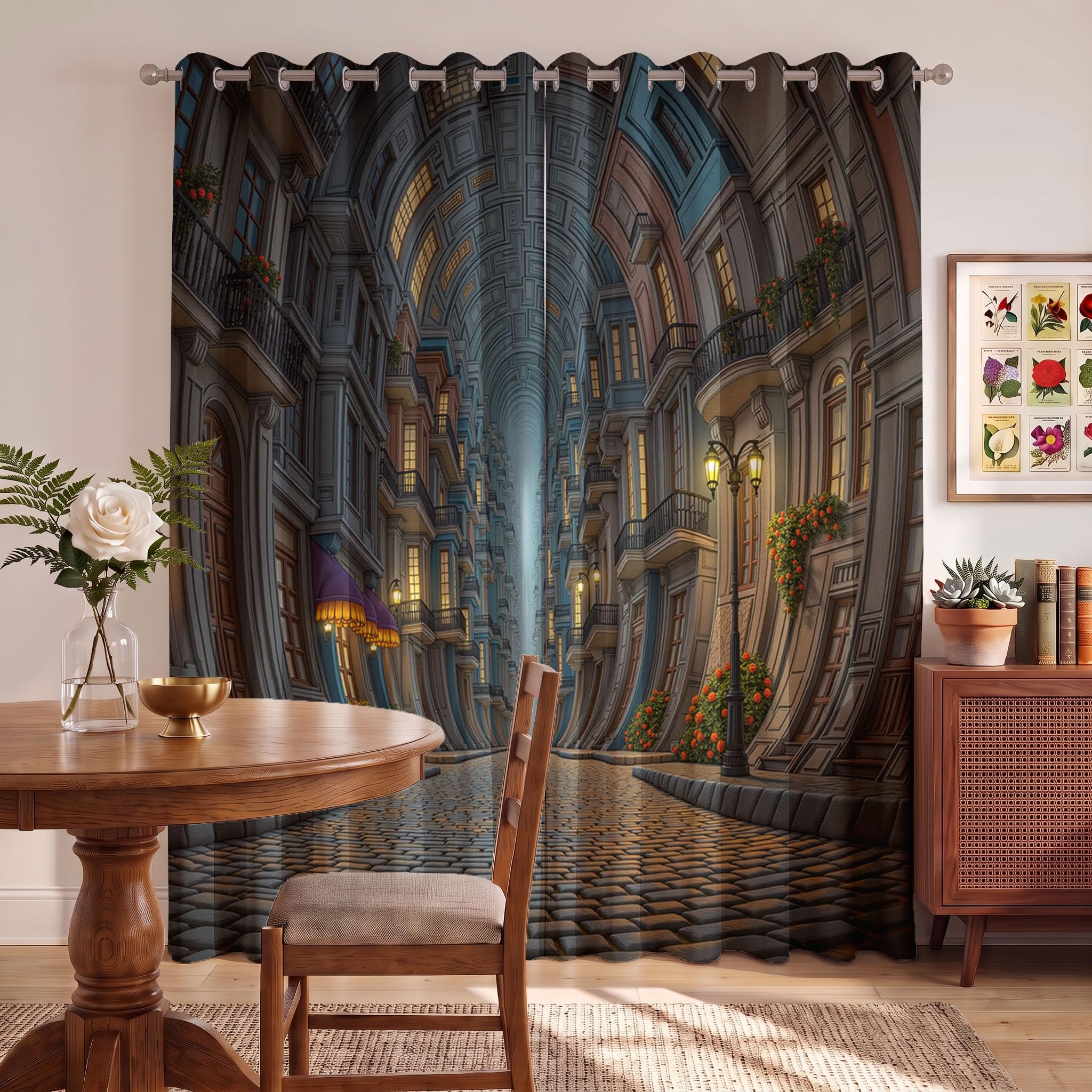 Cortinas Dormitorio Opacas Edificio Pequeño Retro Europeo, 2 Piezas140x245cm Cortinas para Ventana Calles Callejones Al Europeo Cortina con Ojales Termica para Habitacion Sala de Juego, Marrón