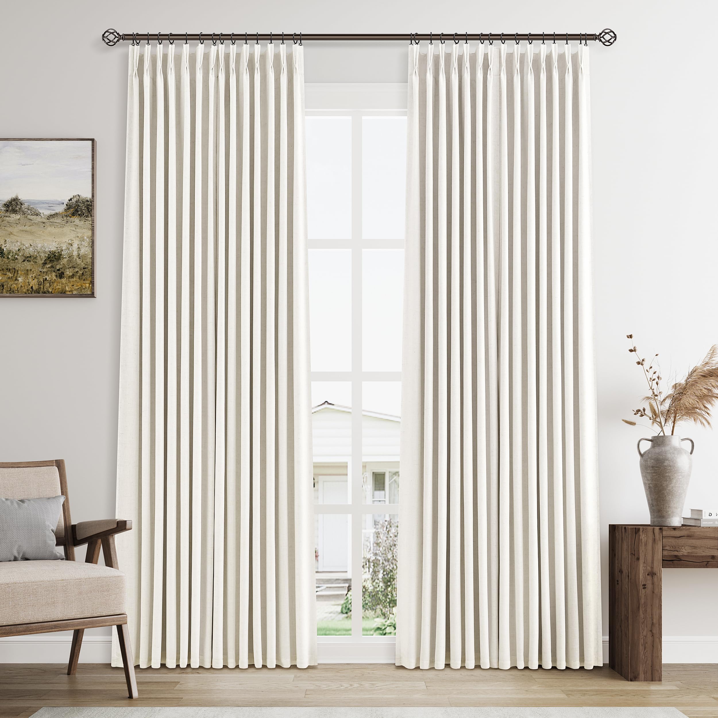 Photo 1 of 100% Blackout Linen Pinch Pleated Curtains 84 Inches Long 2 Panels for Bedroom Living Room Darkening Thermal Insulated Natural Cream Drapes Boho Back Tab Double Layer Window Curtain 7Ft Ivory Beige