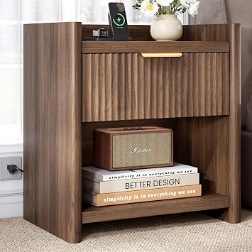 25.9" Fluted Nightstand with Charging Station, Large Modern Bedside Table with Storage Drawer and Metal Handle,End Table for Bedroom, Home Office1 Pack, Dark Walnut