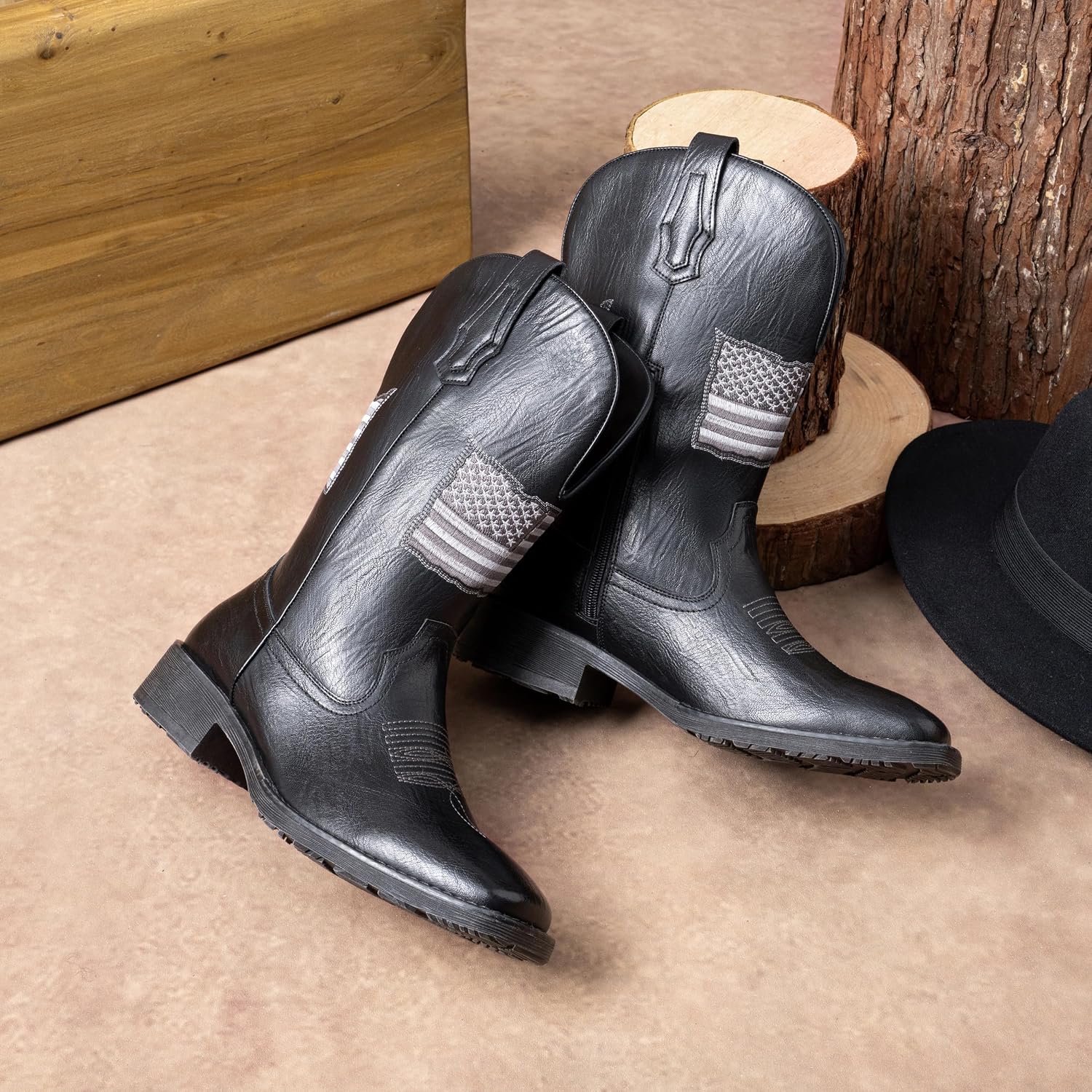 Jousen Cowboy Boots for Men Western Side Zipper American Flag Square Toe
