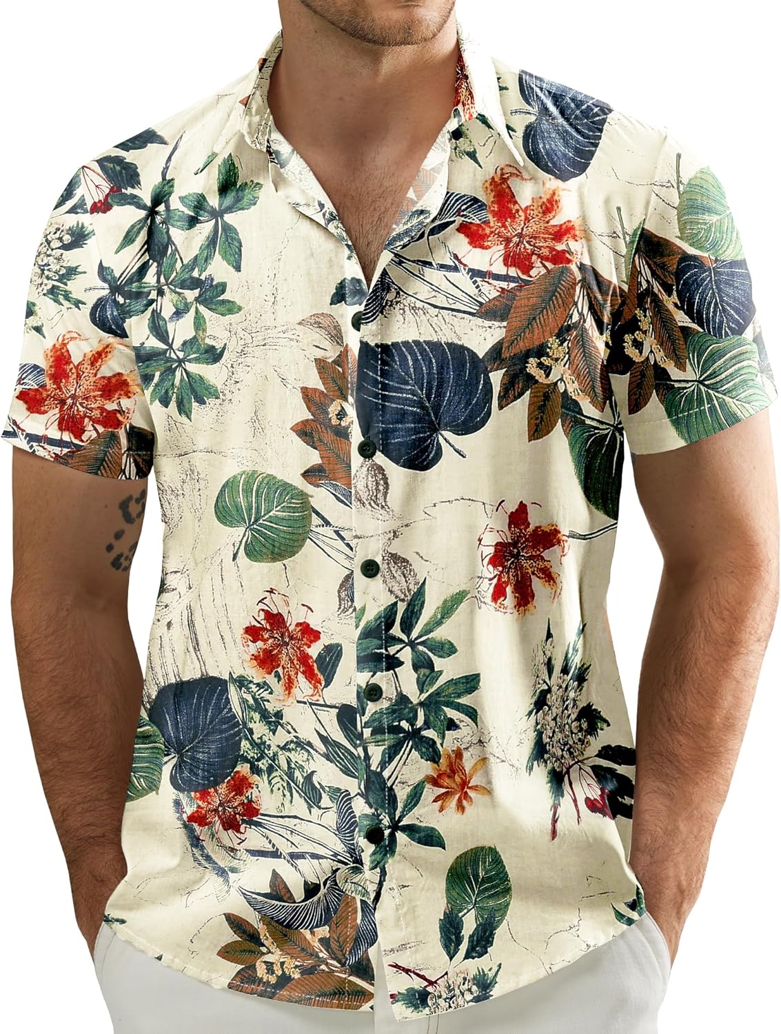 JOGAL Men's Flower Casual Button Down Short Sleeve Hawaiian Shirt