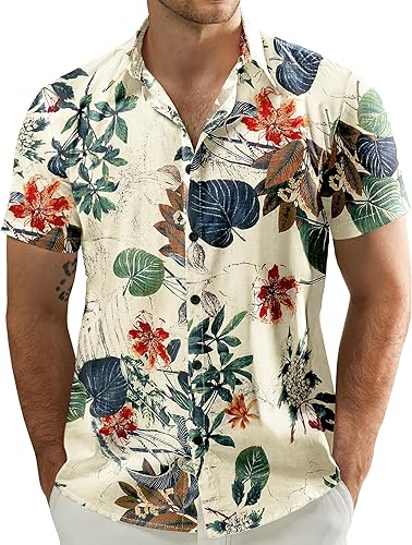 Jogal - Camisa hawaiana de manga corta con botones, diseño de flores, casual, para hombre