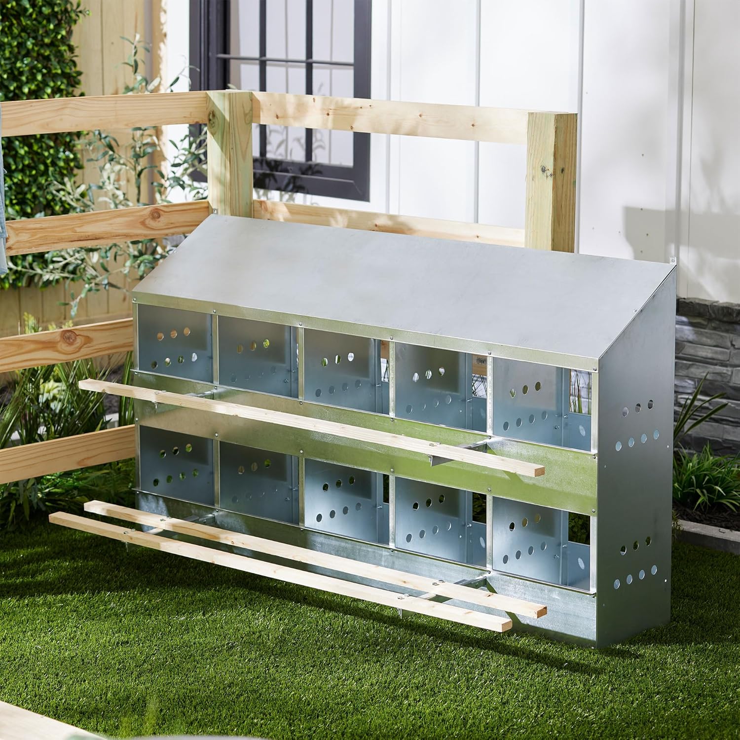 Brower 2-Tier 10-Hole Galvanized Steel Chicken Nesting Box, 50 to 60 Hen Capacity – Outdoor Poultry Laying Station with Hinged Folding Perches, Ventilated Design & Slanted Roof – Made in the USA