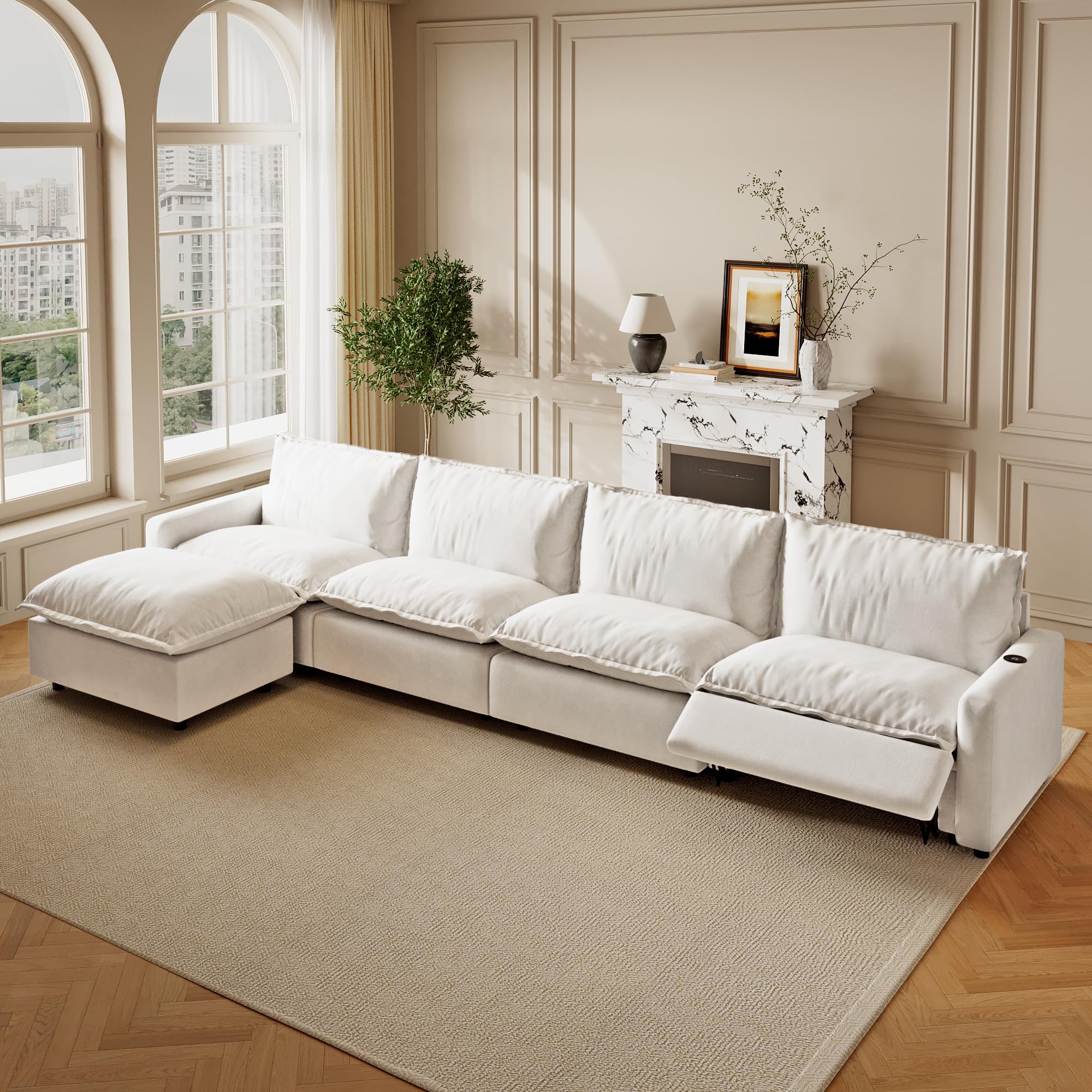 WJShome 149''Modular Sectional Sofa with Power Recliner Chair, 4-Seater with Ottoman Sofa Deep Seat Soft Couch,Reclining Couch with USB/Type C and