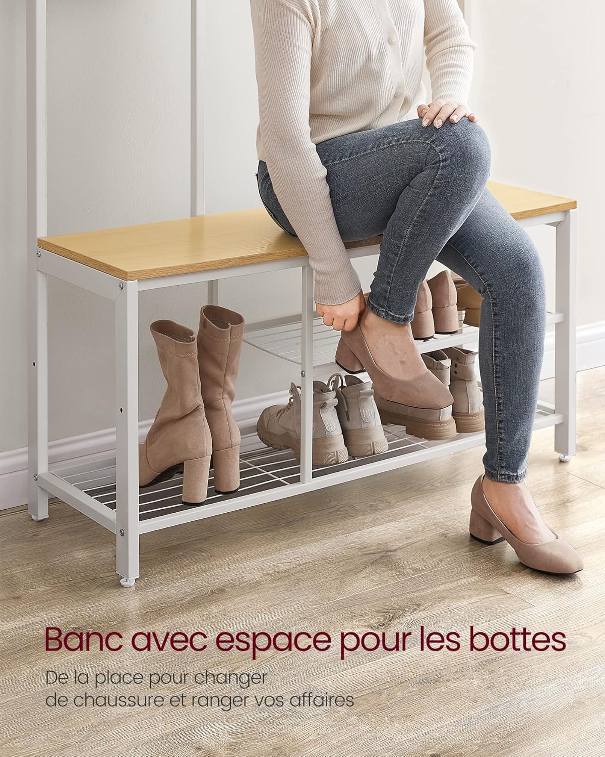 Person sitting on the bench, with boots stored below