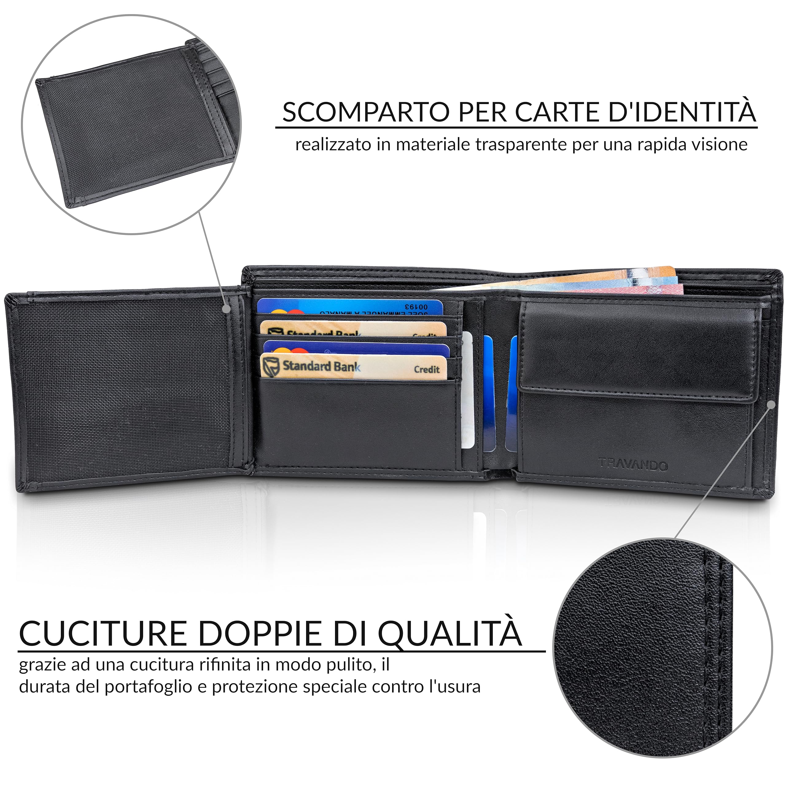 TRAVANDO Portafoglio Uomo Grande OSLO con protezione RFID Porta Carte di Credito nero con Portamonete Borsellino Portafogli in formato Verticale Porta Banconote Wallet Porta monete Regalo