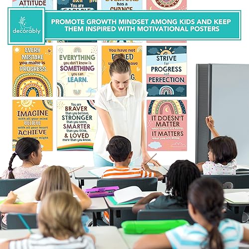 Miniatura 5 de Decorably 15 pósteres motivacionales de arcoíris bohemio para aula, 11 x 14 pulgadas, laminado mate, póster bohemio para aula, tablón de anuncios,