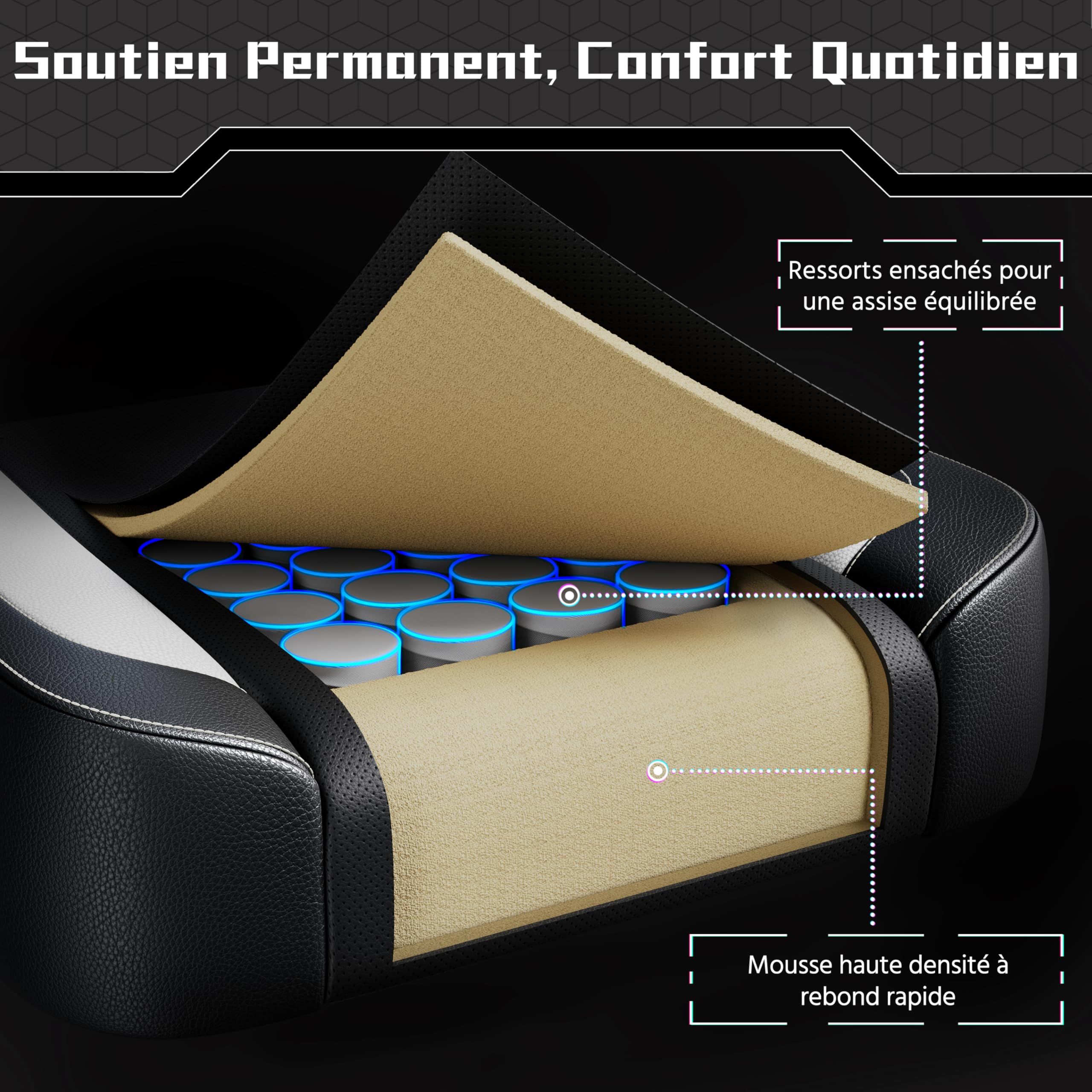 Abician Fauteuil Gaming Pivotant Ergonomique, Chaise d'ordinateur Inclinable avec Coussin Lombaire, Massant Têtière Amovible Repose-Pieds Coulissant, Assise Réglable en Hauteur, Noir/Blanc