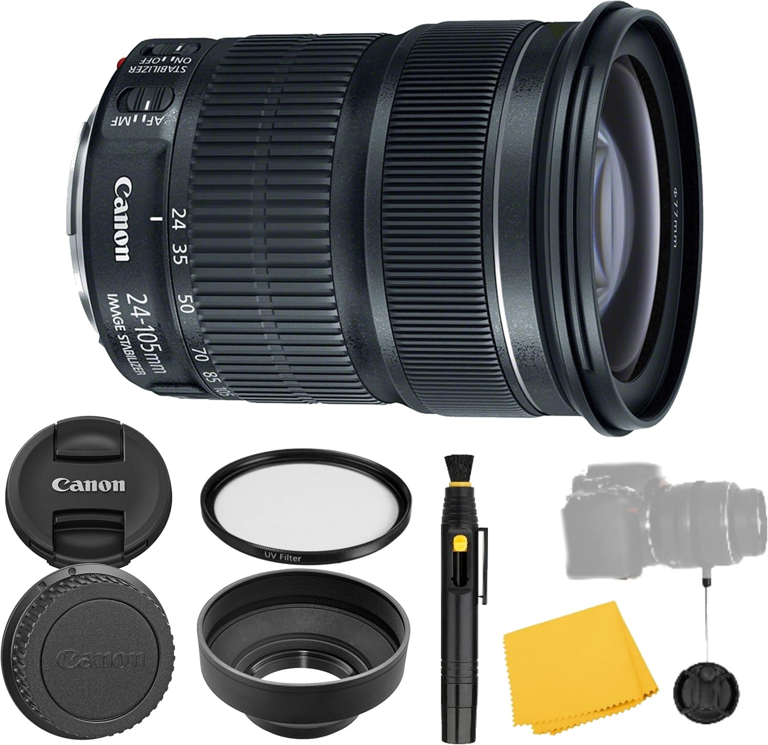 Canon EF 24-105mm f/3.5-5.6 is STM Lens + UV Filter + Collapsible Rubber Lens Hood + Lens Cleaning Pen + Lens Cap Keeper + Cleaning Cloth - 24-105mm STM: Stepper Motor Lens - International Version