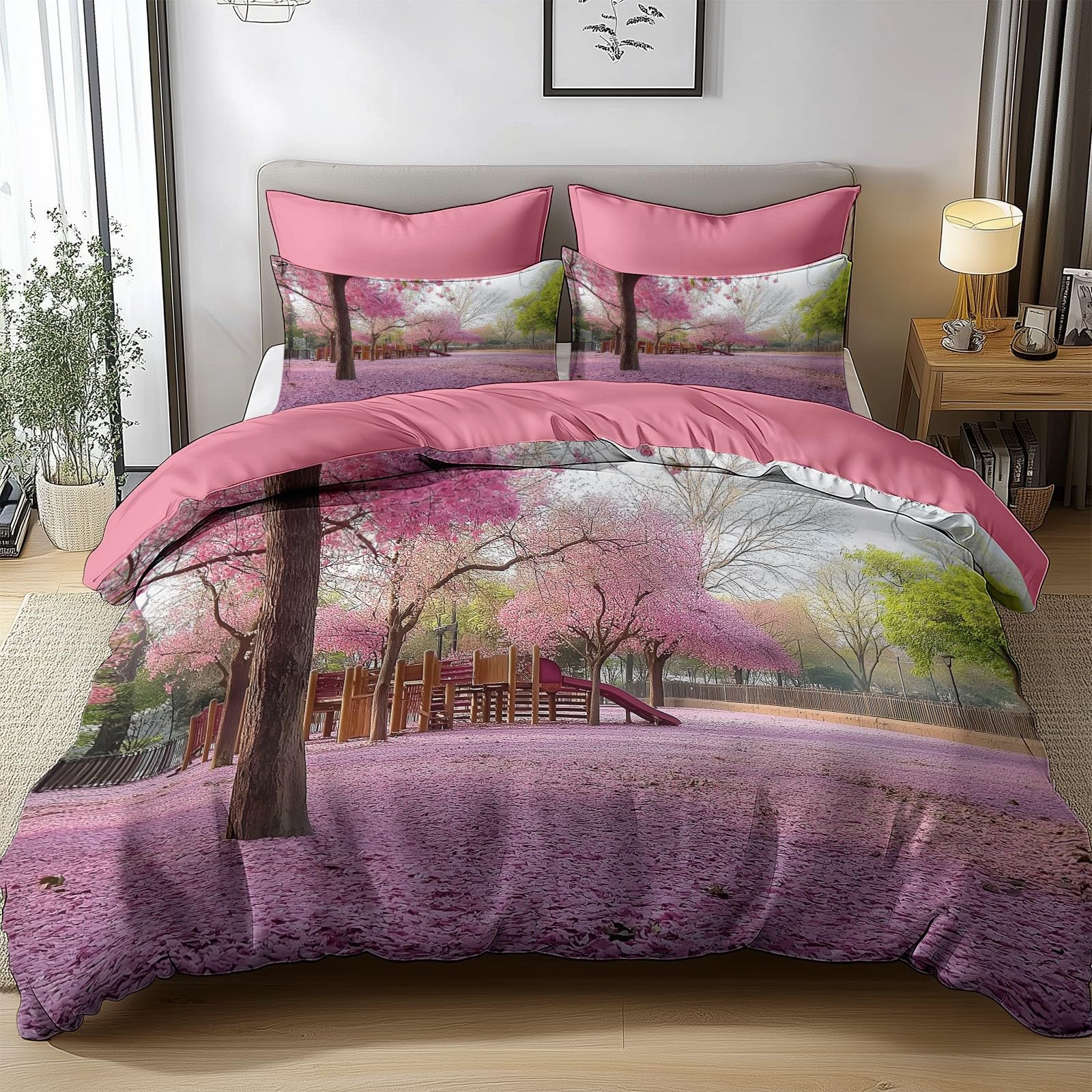 Antique Rose Duvet Cover King Size Scenery Cherry Blossom Reversible 3 Pieces Duvet Cover Set, Bedding Set for All Season, Soft and Breathable Bedding with Zipper Closure