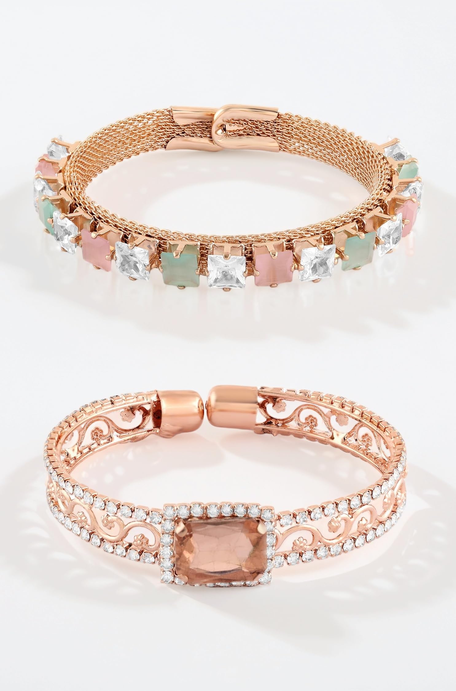 Set Of 2 Rose Gold Dazzling Austrian Diamonds Bracelet For Women-ZPFK16864