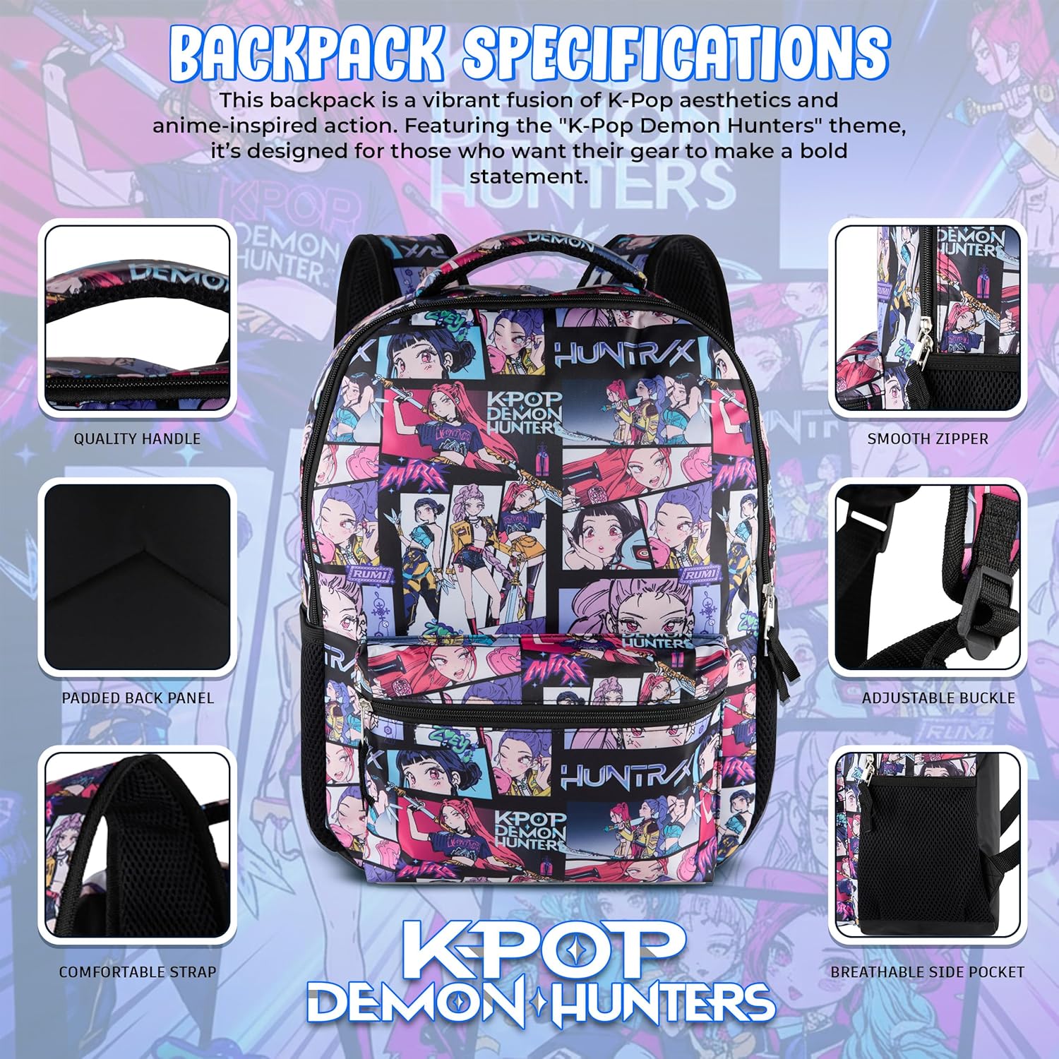 AI ACCESSORY INNOVATIONS K-Pop Demon Hunters Huntrix 16” Backpack for Girls, Featuring an AOP of Rumi, Zoey, Mira, Allover Print