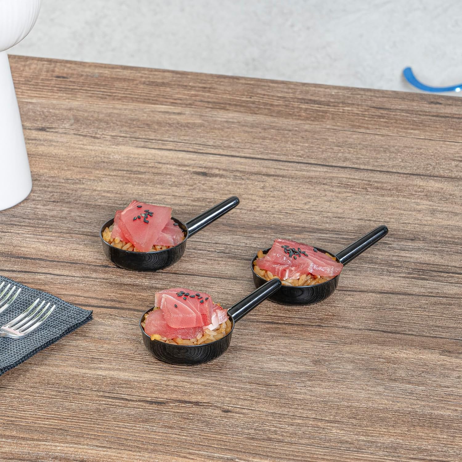 Restaurantware 1 Ounce Disposable Dessert Cups 100 Mini Sauce Dishes - Sauce Pan Design Serve Condiments Snacks or Samples Black Plastic Small Appetizer Plates For Parties or Catered Events