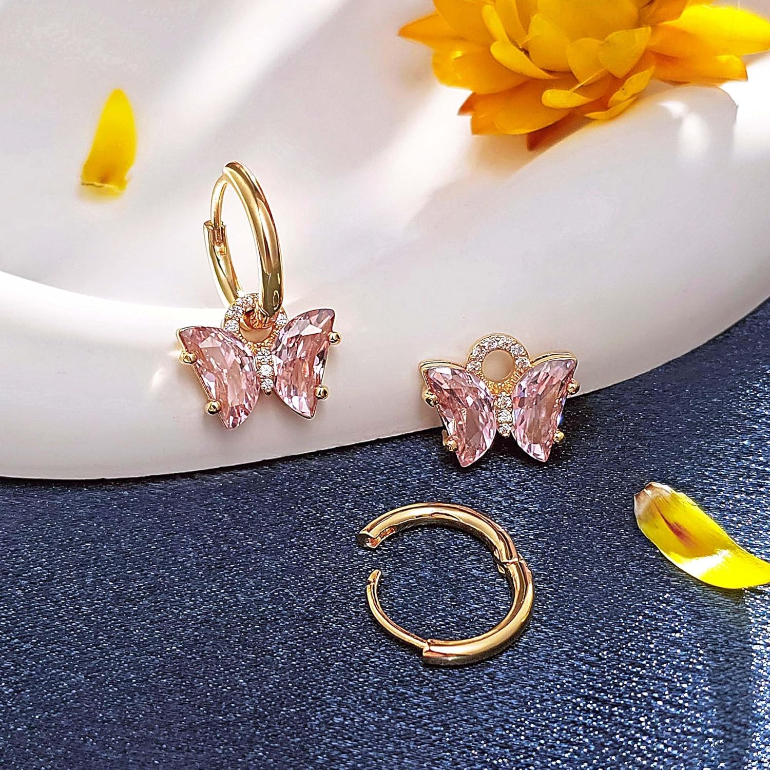 Pink Butterfly Huggie Earrings for Women Cubic Zirconia Charm Hoop Dangle Jewelry Gift - Image 4