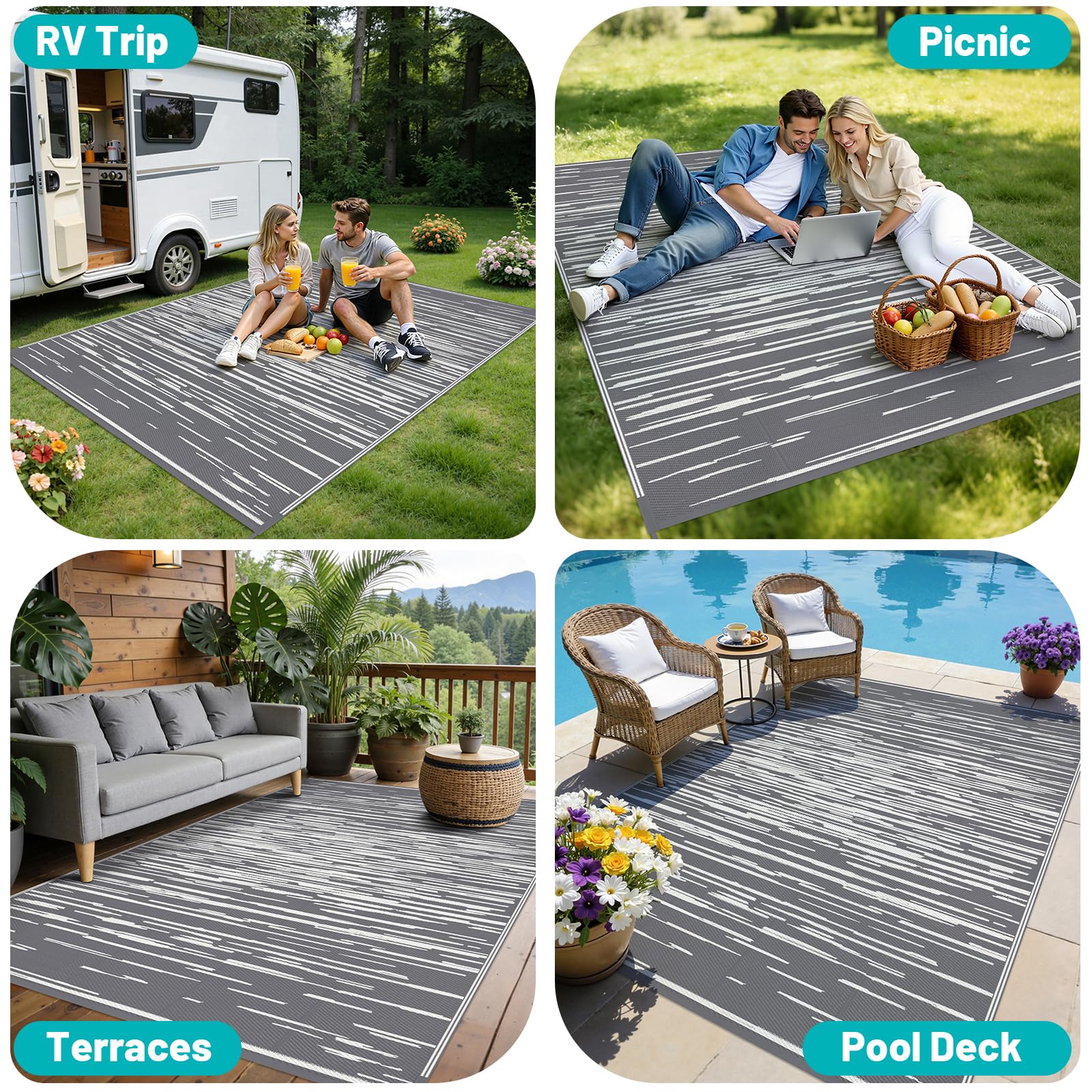 HEBE Alfombra de exterior para patio, reversible, impermeable, para exteriores, camping, caravana, tienda de campaña, a rayas, para caravana, patio, terraza, playa, balcón, caravana, porche