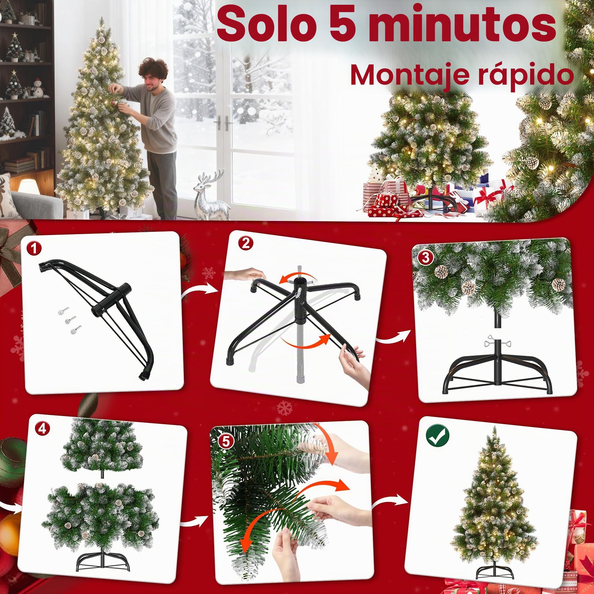 Aufun Árbol de Navidad Artificial con iluminación, árbol de Navidad Artificial de 180 cm con Nieve y piñas, Abeto Noble, Montaje rápido, Incluye Soporte para árbol de Navidad