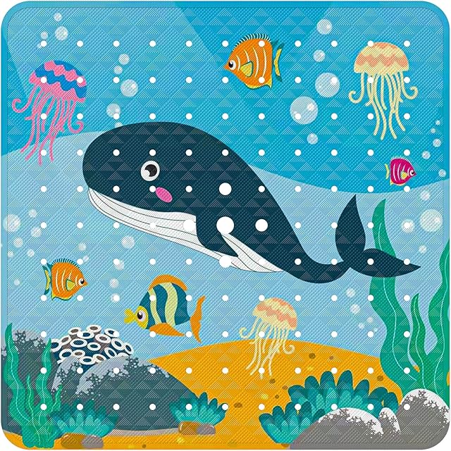 XIYUNTE Original Square Shower Mat Non Slip Anti Mould - 53×53cm Baby Bath Mat Cartoon Patterned Shower Mats, Anti Slip Shower Mat with Suction Cups & Drain Holes, Machine Washable, Whale
