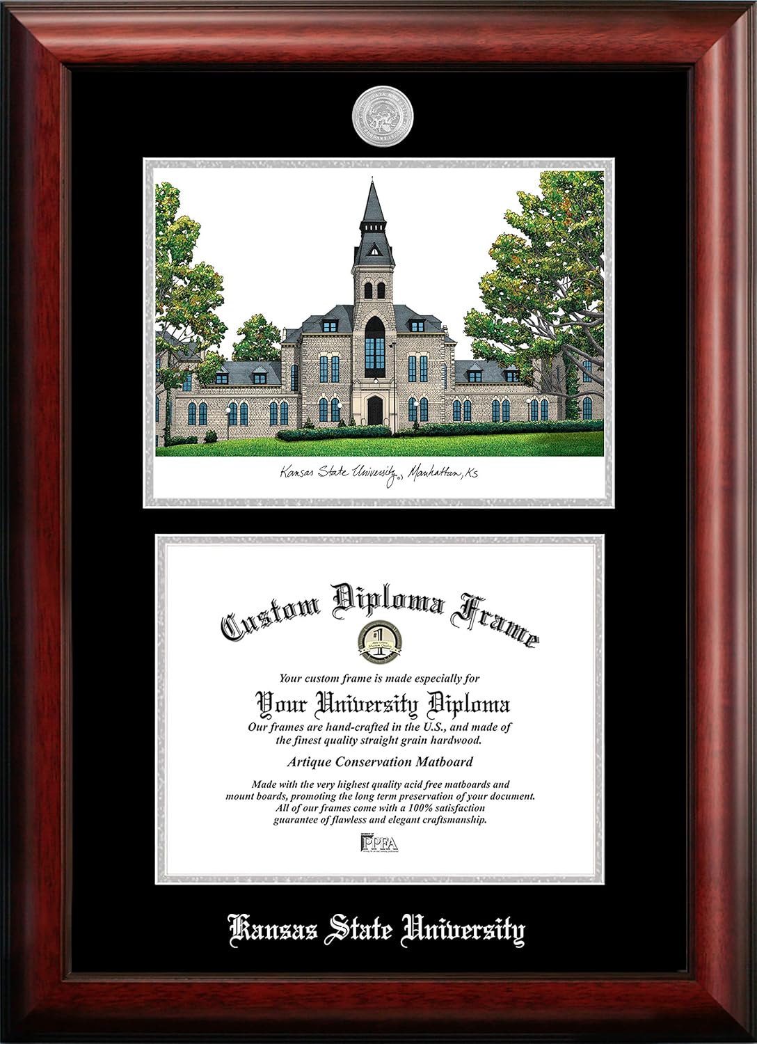 Campus Images NCAA Kansas State Wildcats Unisex Silver Medallion Frame Kansas State University 11w x 8.5h Silver Embossed Diploma Frame Lithograph, Brown, One Size