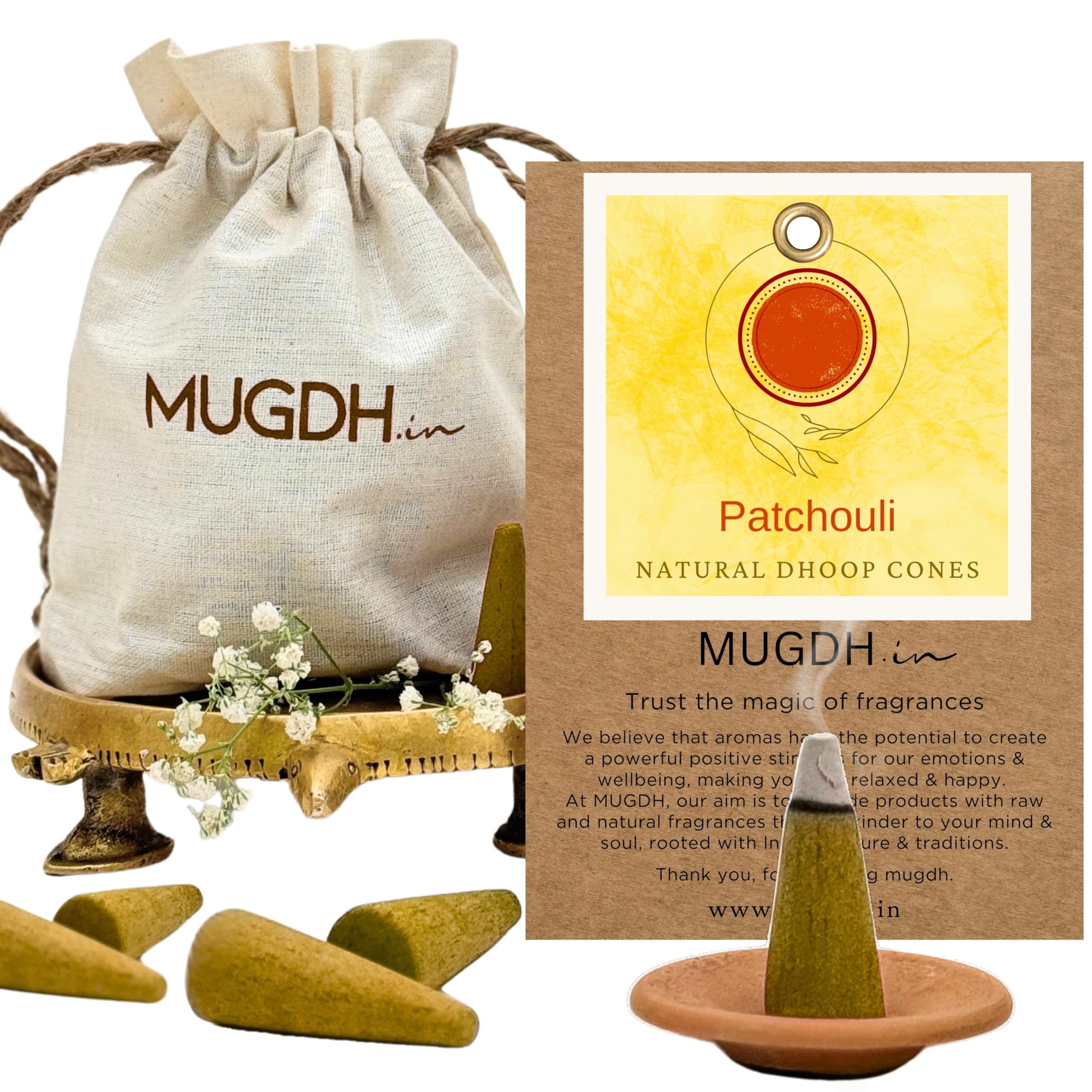 Mugdh Natural Incense Cones – Panadi | Bambooless, Low Smoke, Charcoal Free Dhoop Cones | 80 Patchouli dhoop batti | Free Cotton Potli & Dhoop Stand | Home Fragrance, Pooja & Meditation
