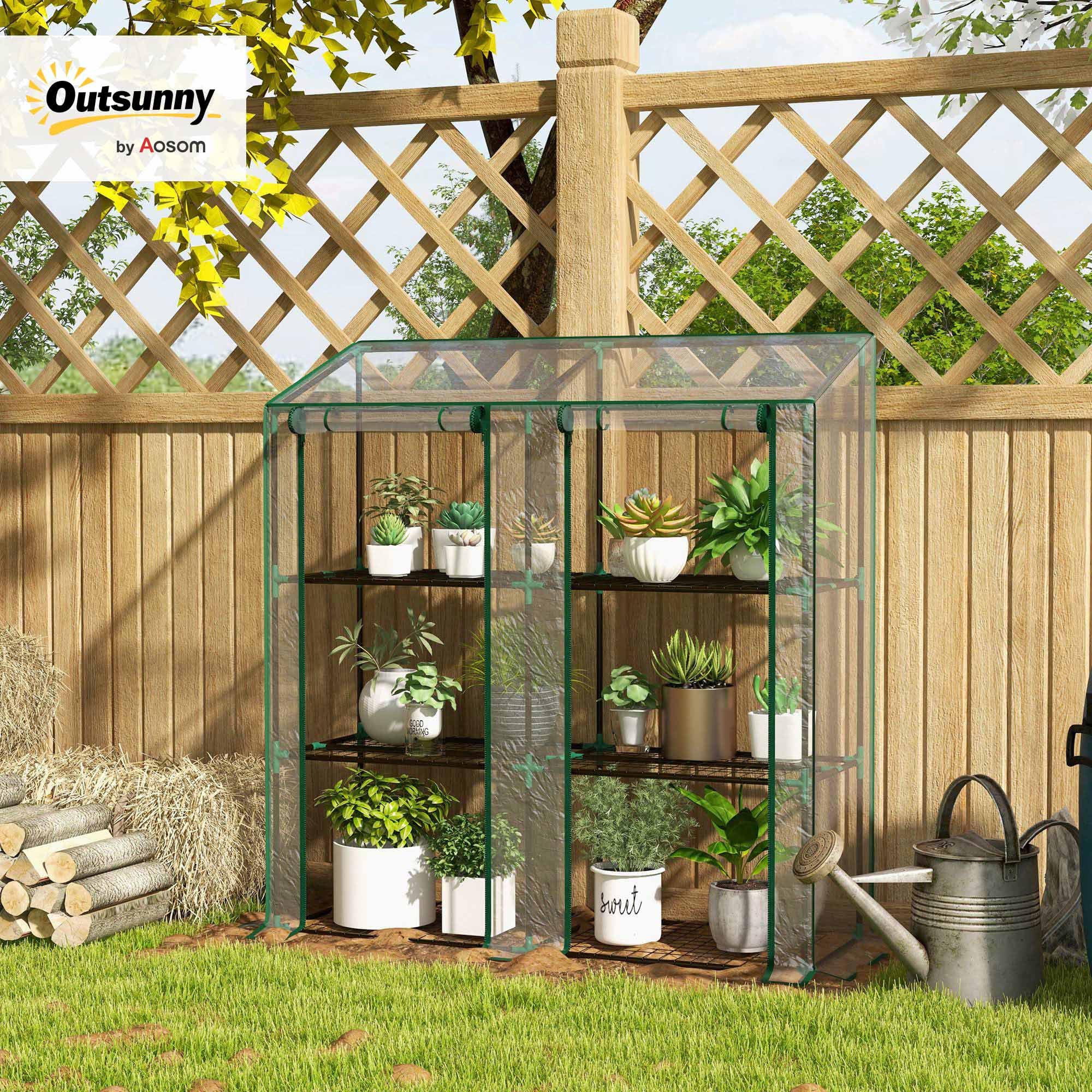 Outsunny Serra da Giardino 143x46x151cm con Struttura in Acciaio e Copertura Plastica, 6 Mensole a Rete, 2 Porte Avvolgibili, Serra per Orto Addossata per Verdure Fiori, Trasparente
