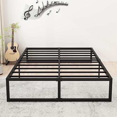 Base de cama de 16 pulgadas tamaño King resistente, plataforma de metal resistente con listones de acero, no necesita somier, sin ruido, fácil