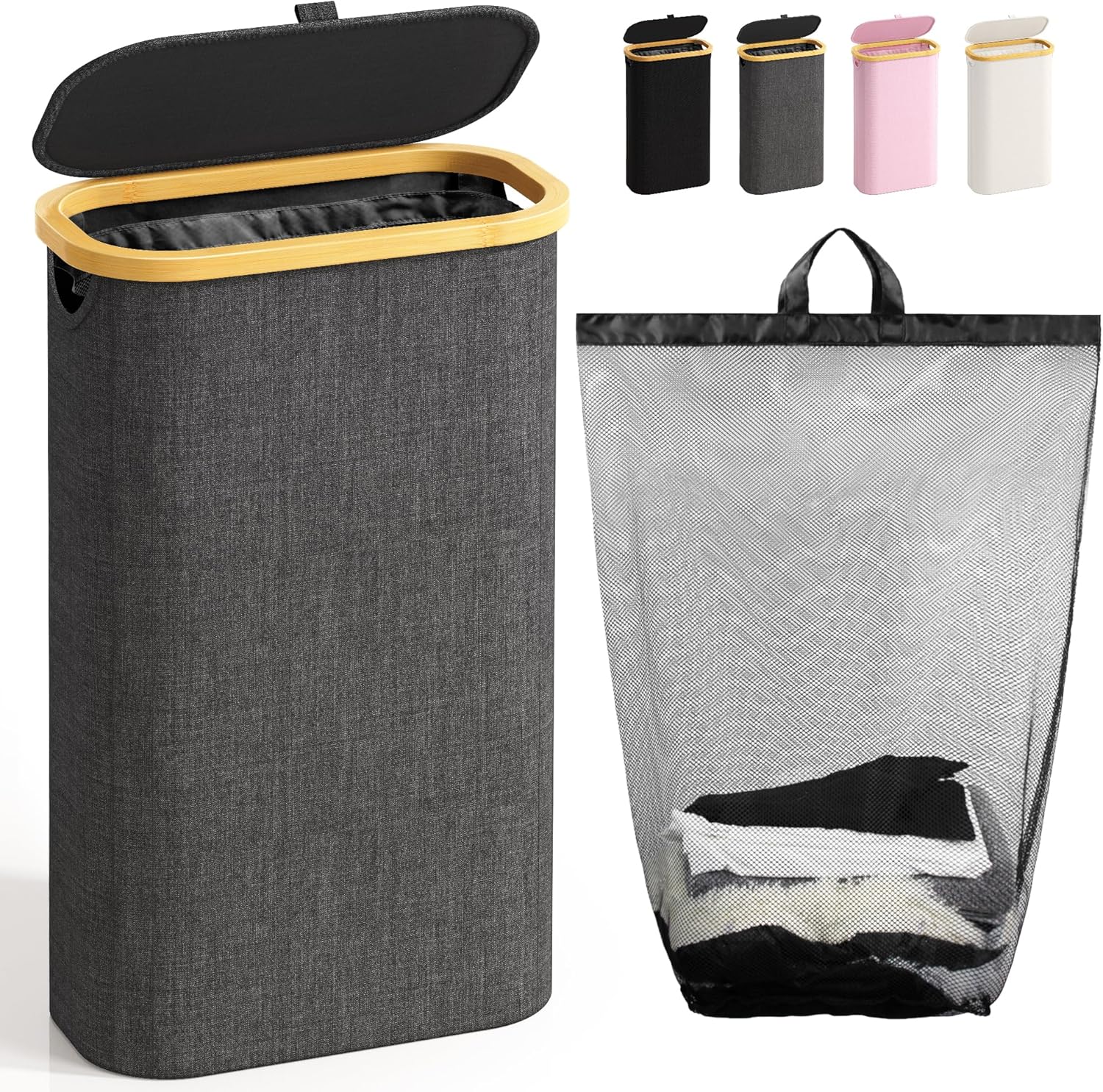 Bathola 75L Slim Laundry Hamper with Lid, Dirty Clothes Hampers for Laundry, Collapsible Laundry Baskets for Small Spaces, Bedroom, Bathroom, Laundry Room, Dark Grey