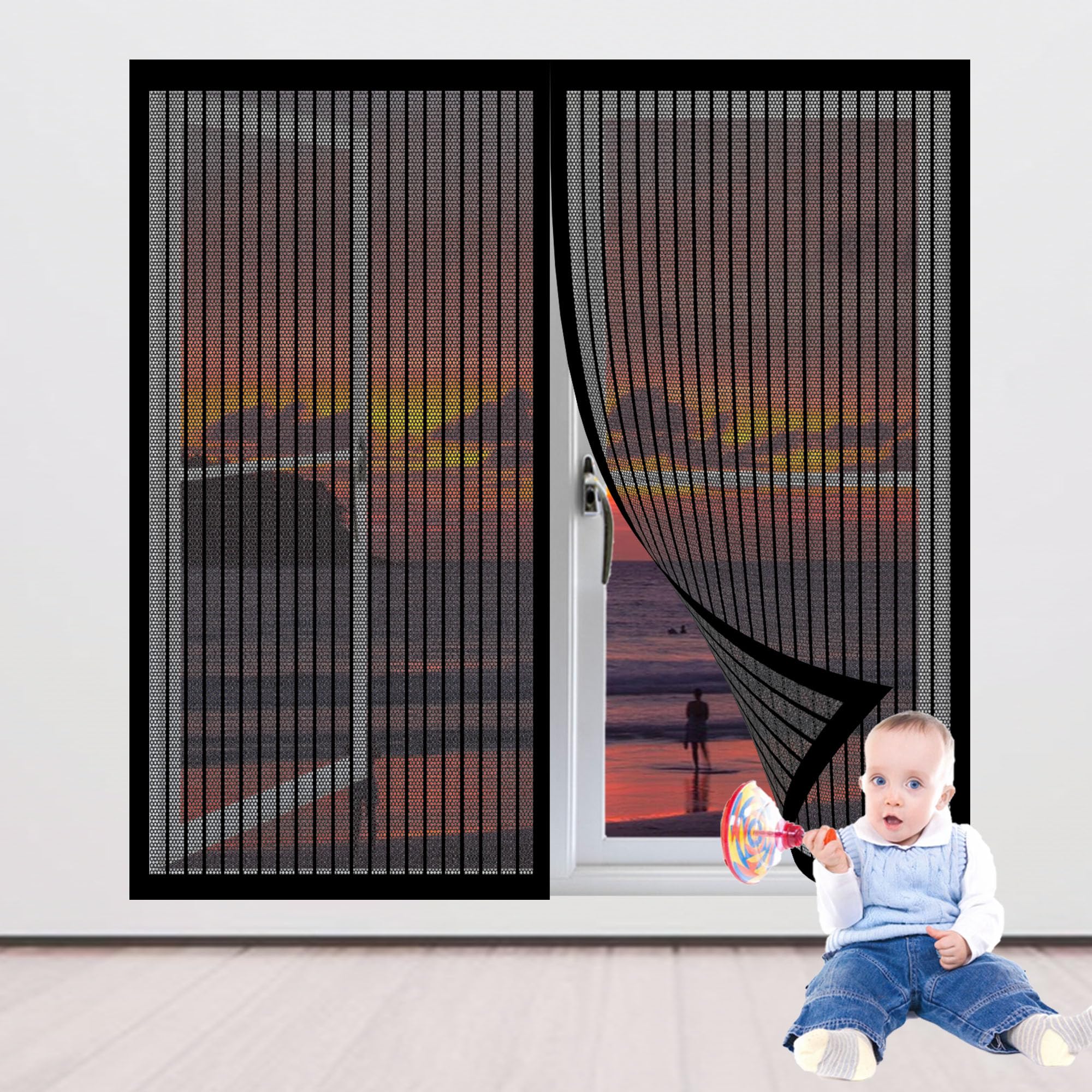 Gousang Black Magnetic Fly Screen For Windows 200 X 140 Cm Magnetic Closure Mesh Window Curtains With Tape And Closing Magnets Without Drilling For Windows,