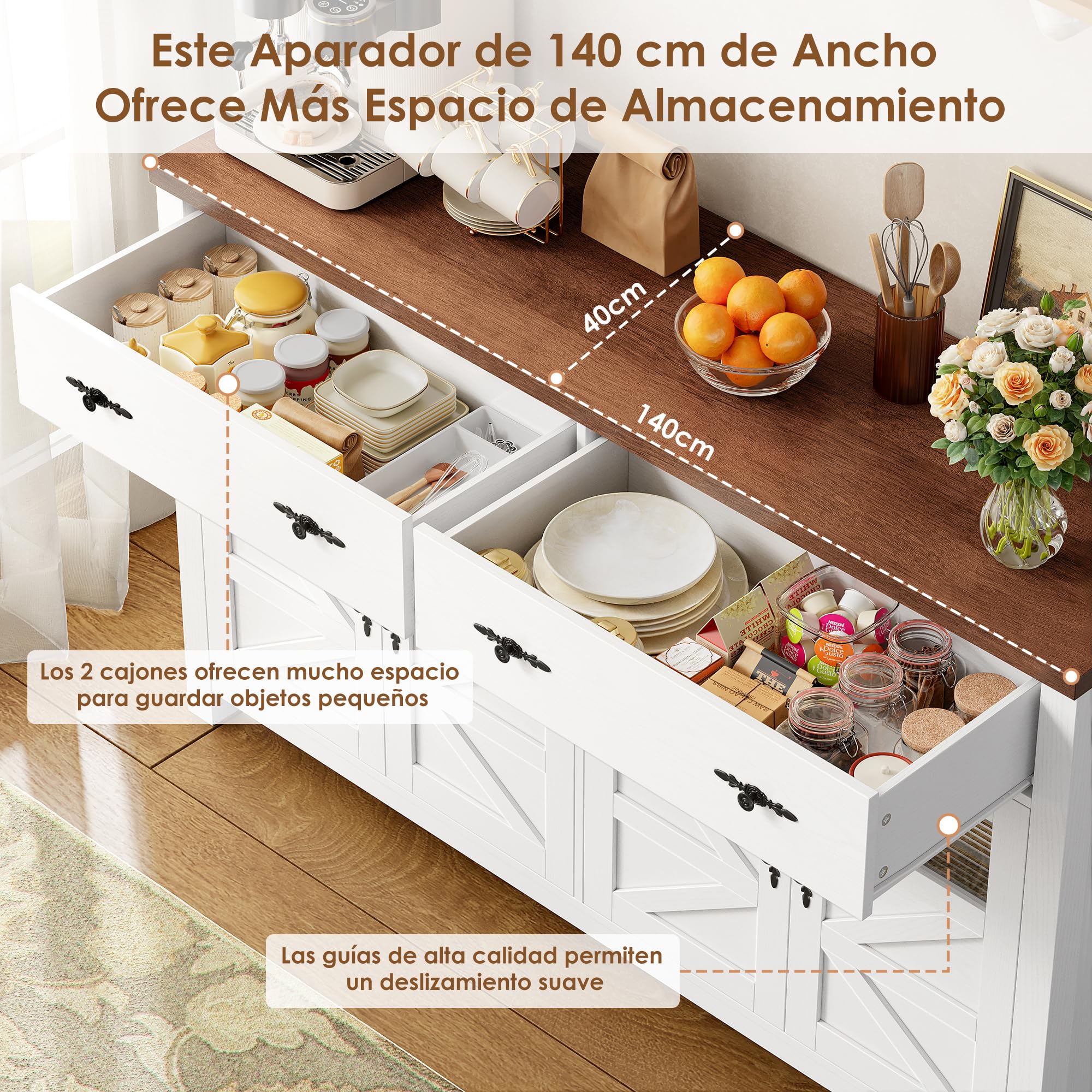 FirFurd 140cm Aparador de Cocina, Aparador Comedor, Mueble Auxiliar de Cocina, Armario Almacenaje con 2 Cajones 4 Puertas para Salón, Pasillo o Comedor 140x40x90cm Blanco