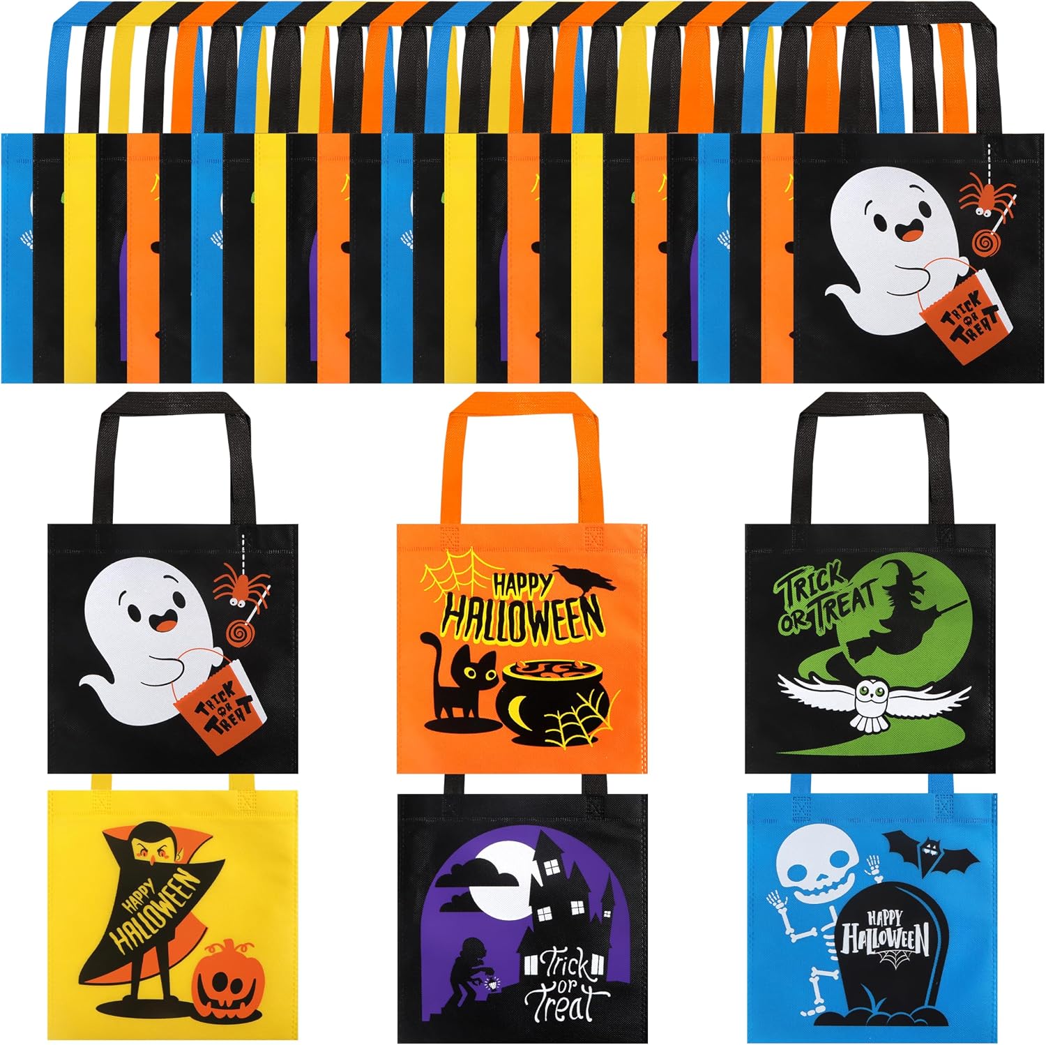 JOYIN 32 Non-Woven Halloween Tote Gift Bags Colorful for Kids, 6 Patterns Design Trick or Treat Bags for Kids Classroom Party Favor Supplies, Reusable Goody Candy Bag, Halloween Snacks Goodie Bag Bulk