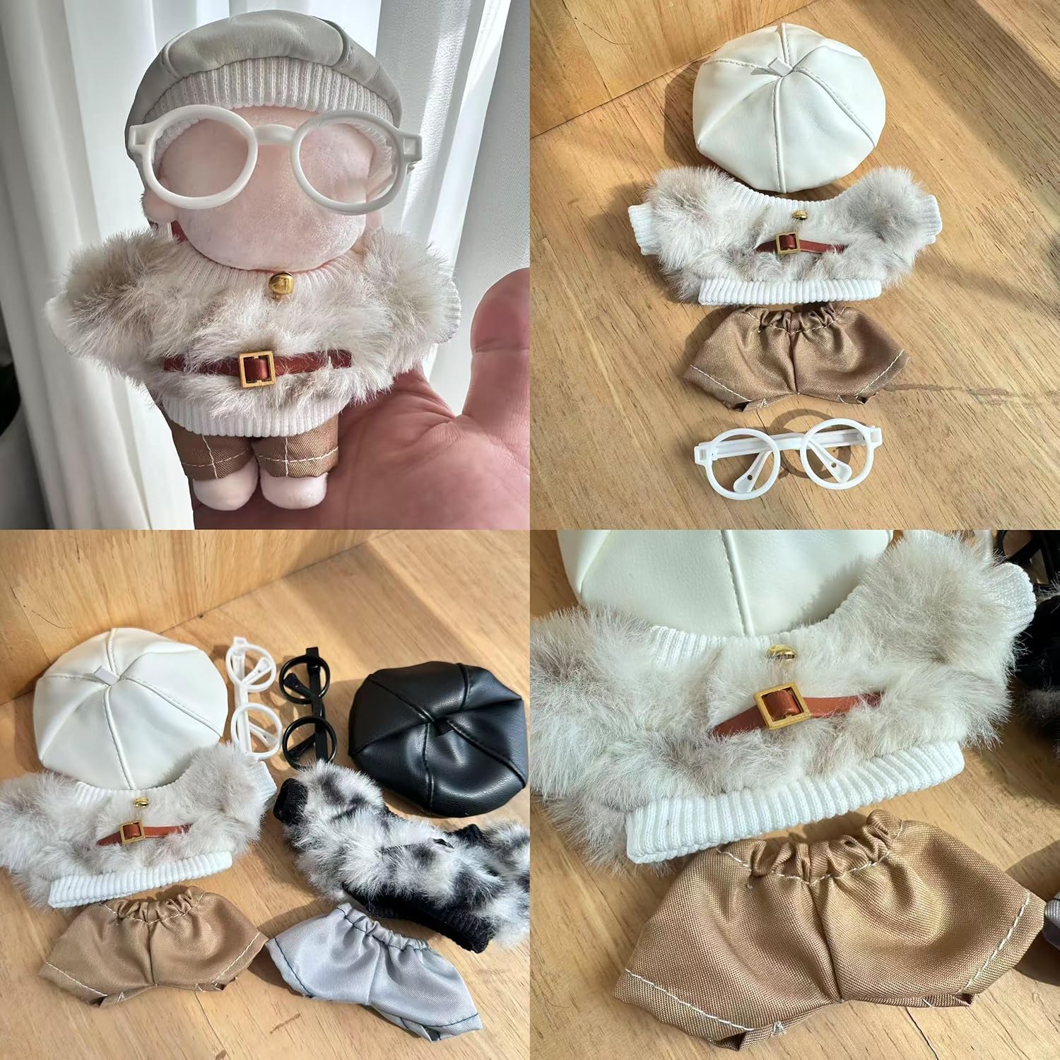 Plush Doll Clothes Set of 4 Luxury Leopard Pattern Fur for 3.9 inches (10 cm) Beret with Round Glasses Sewing Clothes, Push Up Costume, White Leopard