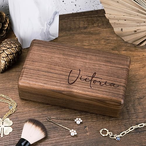 Miniatura 4 de Joyero personalizado con nombre 10 diseños, nogal Caja organizadora de joyas de madera personalizada, estuche de viaje de joyería personalizado,