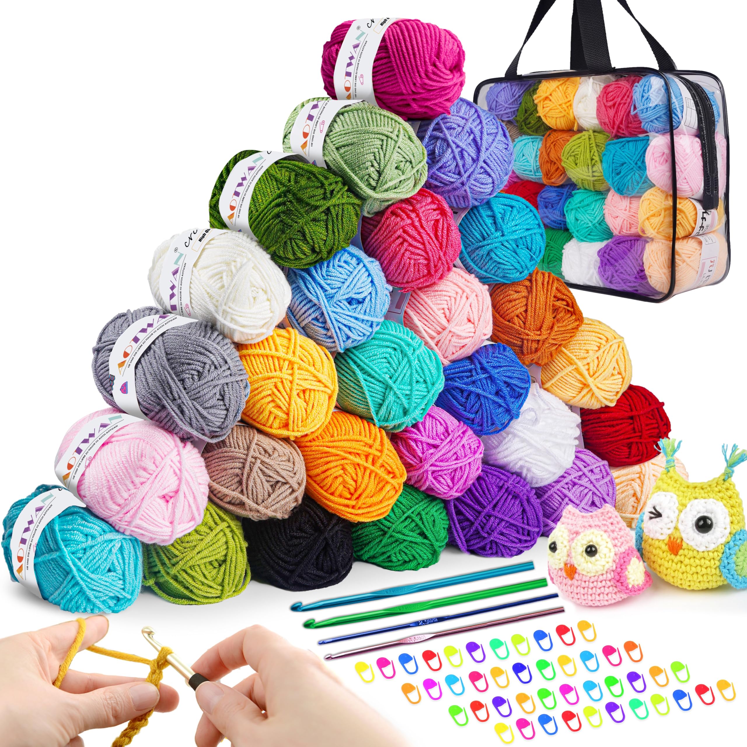 AOTWAN Crochet Yarn Knitting Wool 28Colors x 25g Acrylic Yarn Crochet Wool with Aluminum Crochet Hooks Stitch Markers Yarn for Crochet Kits for Beginners Adults Wool for Crochet Knitting and Crafts