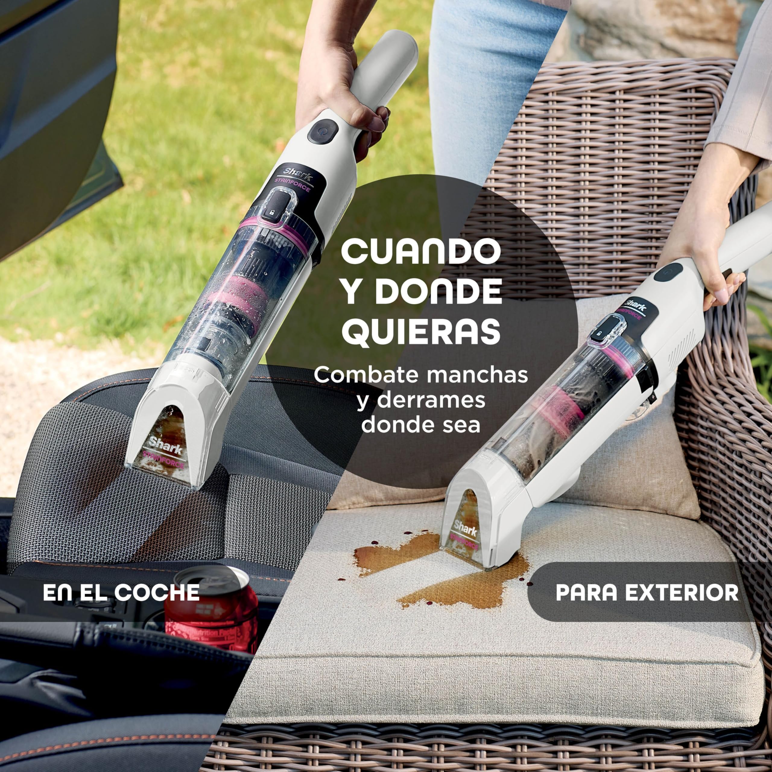 Shark StainForce, Eliminación de manchas y olores en alfombras, moquetas, tapicería, escaleras y coches, diseño ligero y portátil con organizador, accesorios y solución de limpieza total, HX100EUT