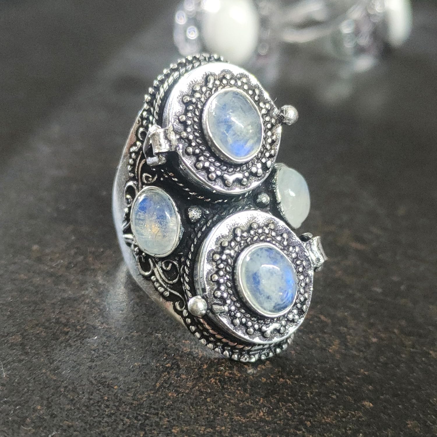 Blue Moonstone Poison Ring,Handmade Vintage Style Poisoner Rings,Gorgeous Double Pill Box,925 Sterling Silver Locket