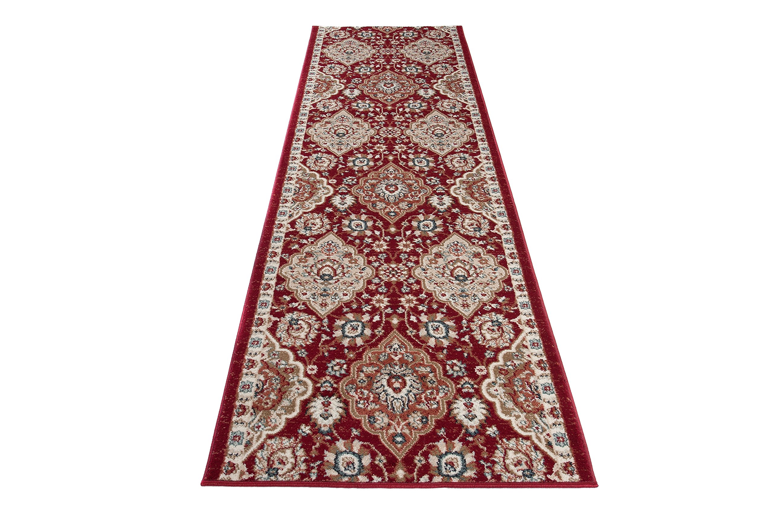 TAPISO Dubai chodnik dywan most kremowo-czerwony z klasyczną ornament kwiatowy wzór na korytarz, pokój dzienny, wejście do mieszkania ÖKOTEX 100 x 1500 cm
