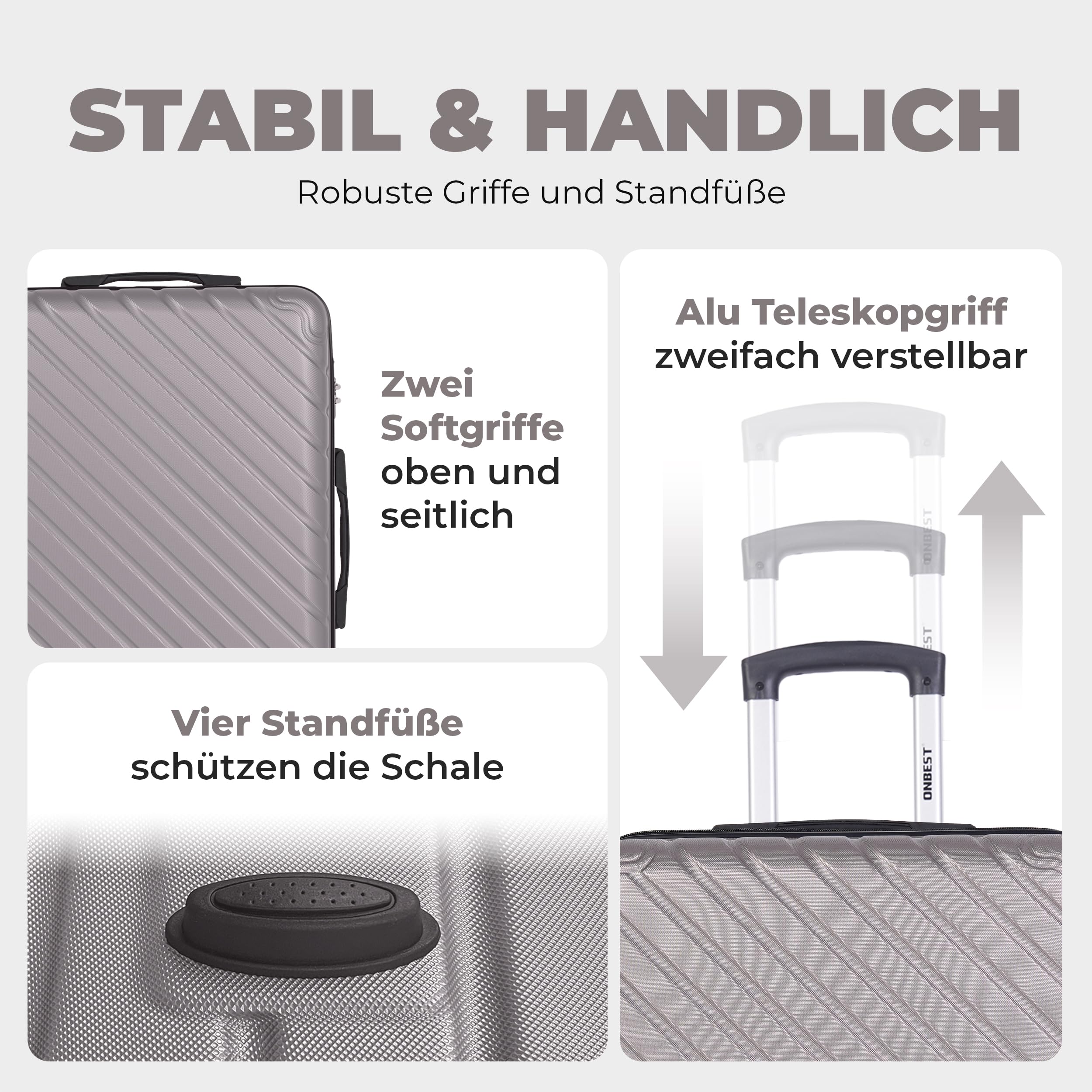Onbest 3er Kofferset XXL 20/24/28 Zoll Champagner mit Kofferwaage | ABS-Hartschalenkoffer mit Rollen, Reisegepäck-Set aus Reisekoffer, Trolley und Rollkoffer, digitale Waage