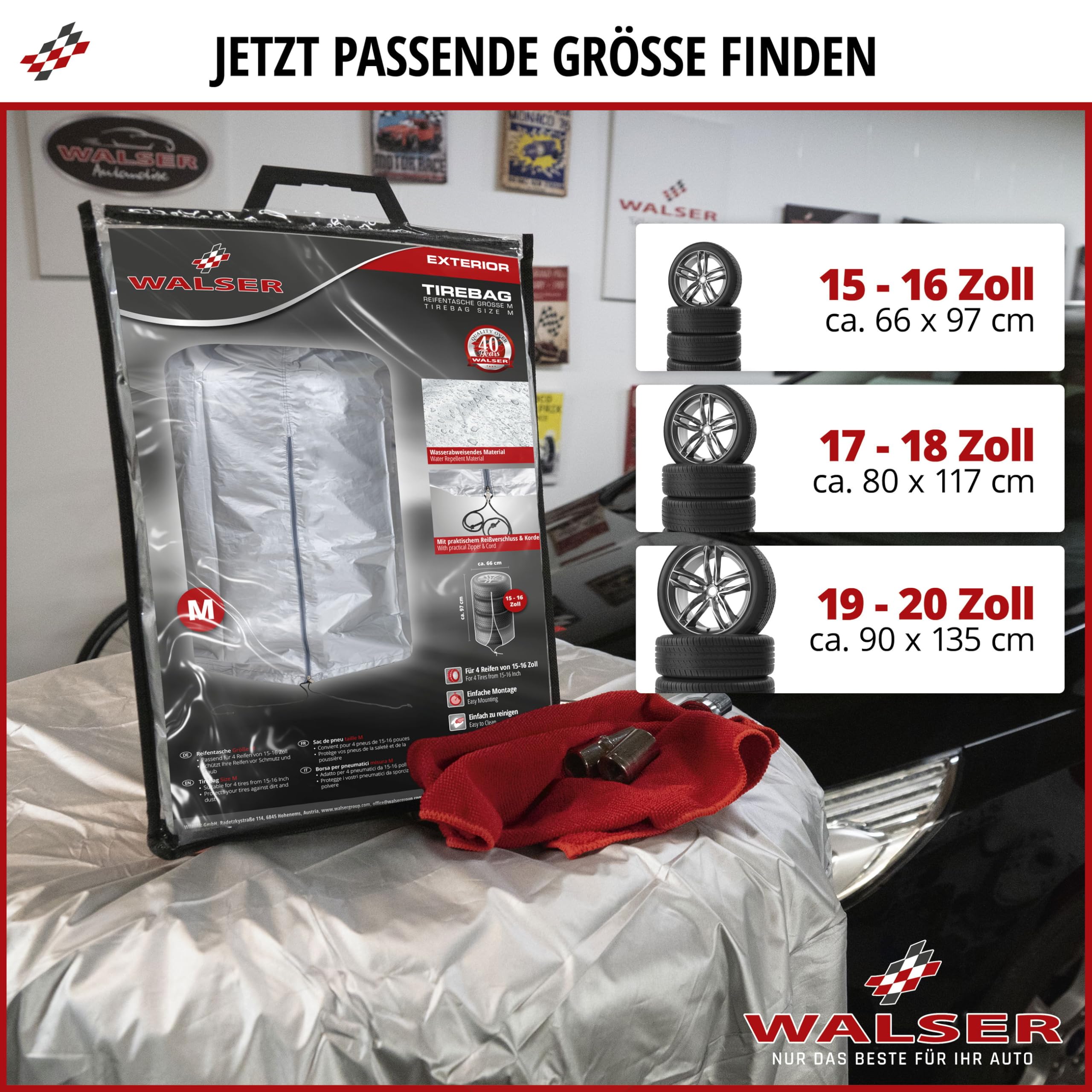 WALSER Torba na opony samochodowe, do przechowywania 4 opon, etui na opony samochodowe, torba do przechowywania opon, torba na opony, worek do przechowywania opon, kolor srebrny, 17-18 cali