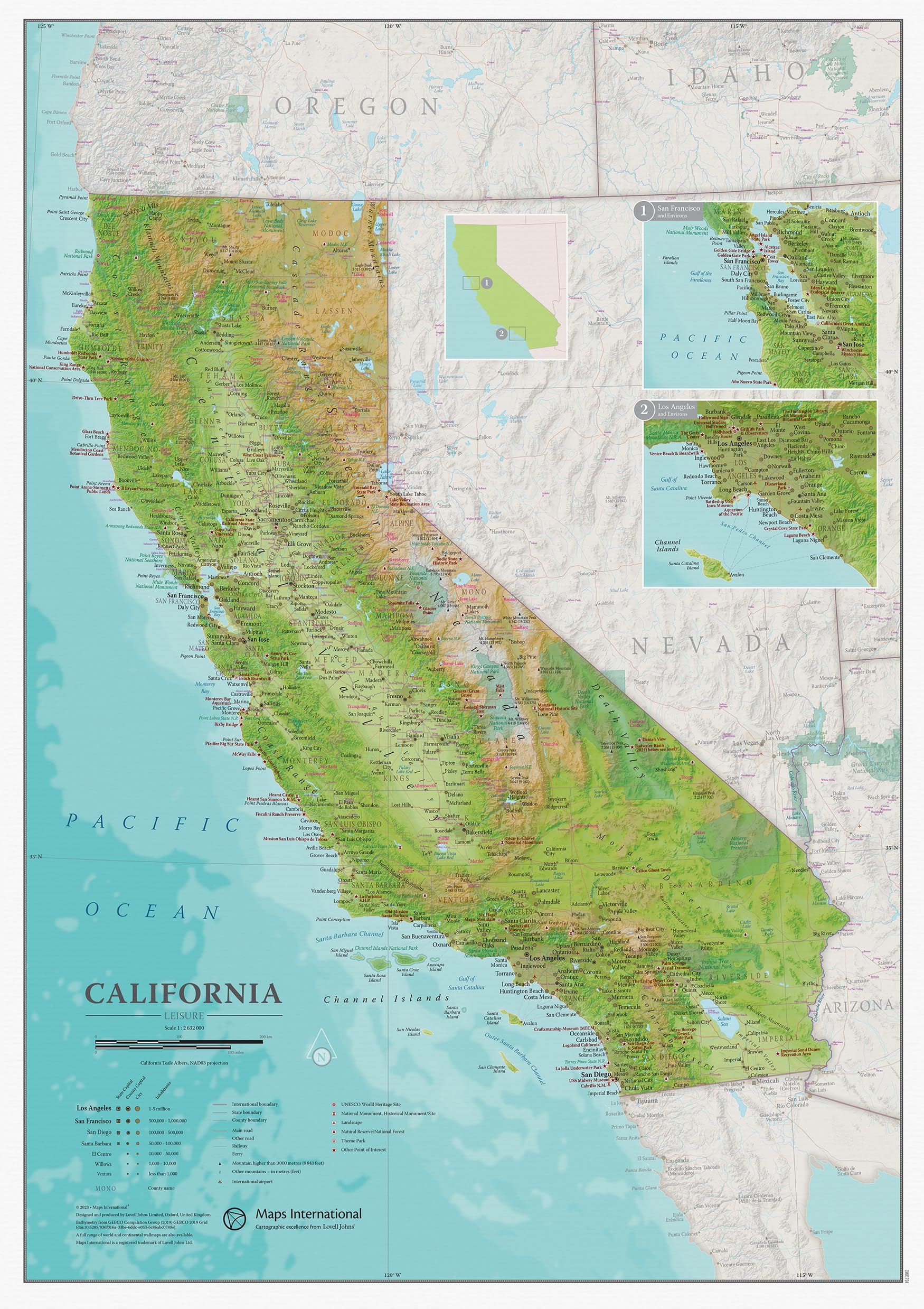 California Map - 17" x 22" - Laminated - Detailed Cartography - Maps International