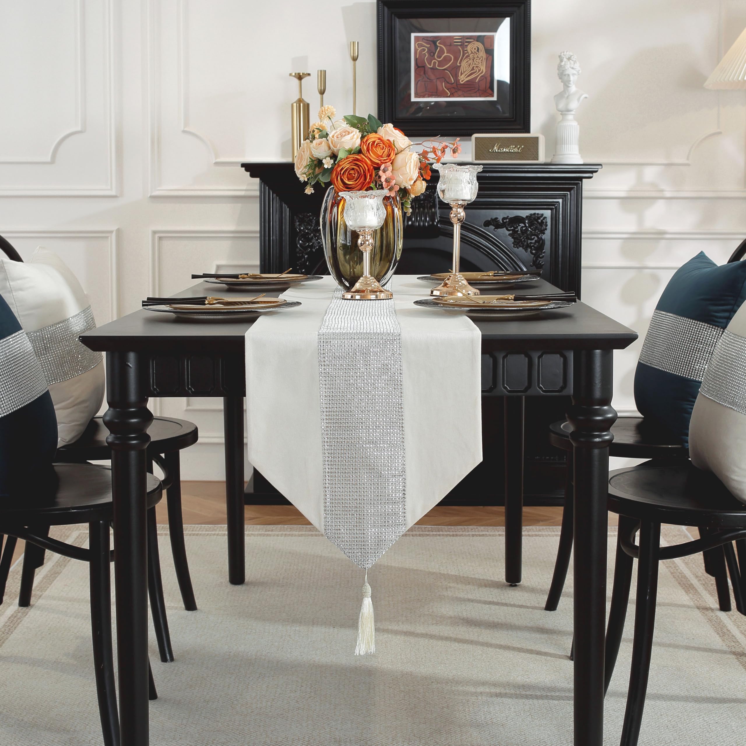 TAOSON Luxury Matching Sequin Patchwork Velvet Table Runner with Silver Diamante Strip and Tassels Wrinkle Table Runners for Kitchen Dining Tabletop Decoration (13 x 87 Inch) Cream White