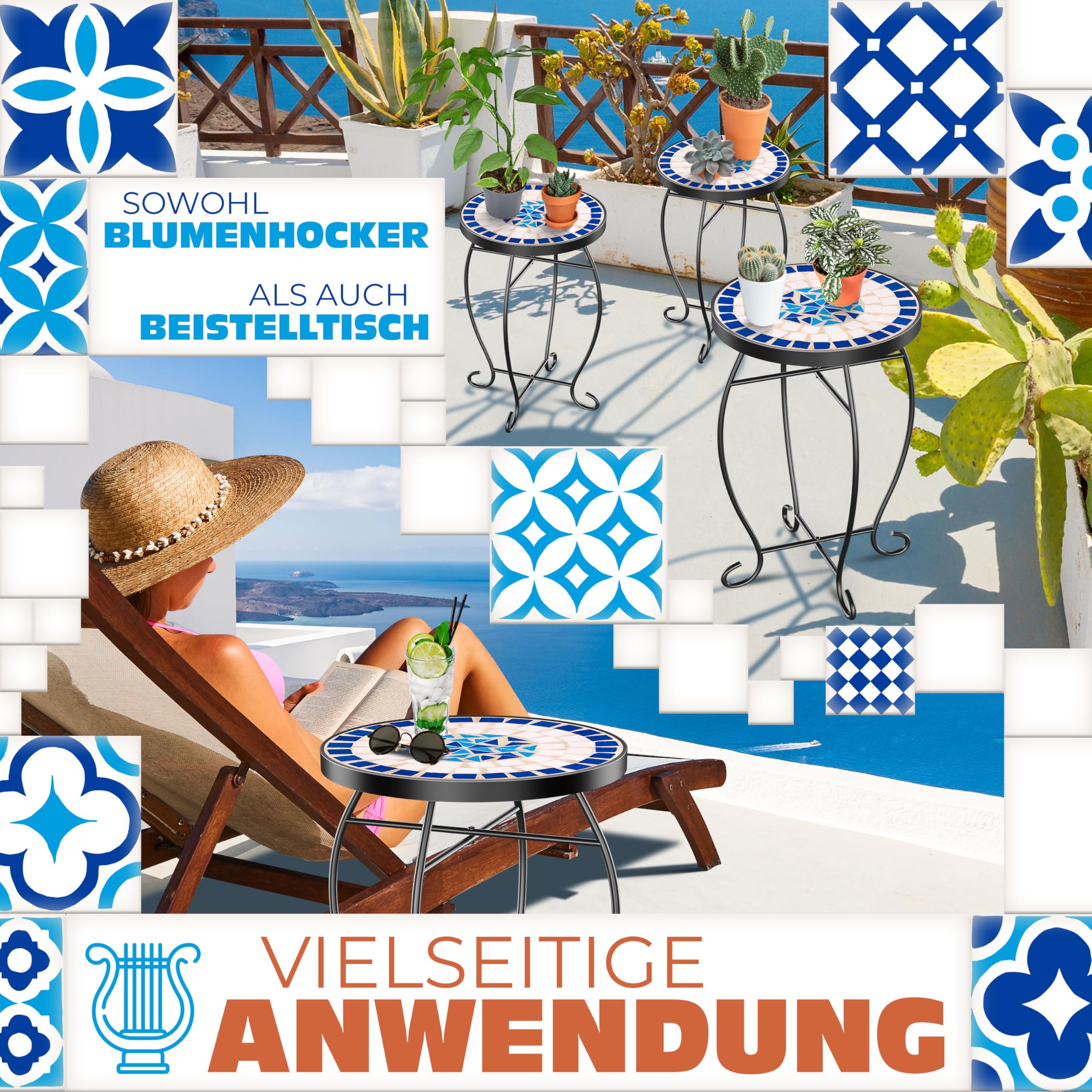 KESSER® Mosaiktisch Bistrotische Blumenhocker Rund 60 x 34 cm Metall Mosaik Beistelltisch Balkontisch Gartentische Terrassentisch Balkon Steinmosaik Garten Gartentisch Indoor Outdoor, Peripou