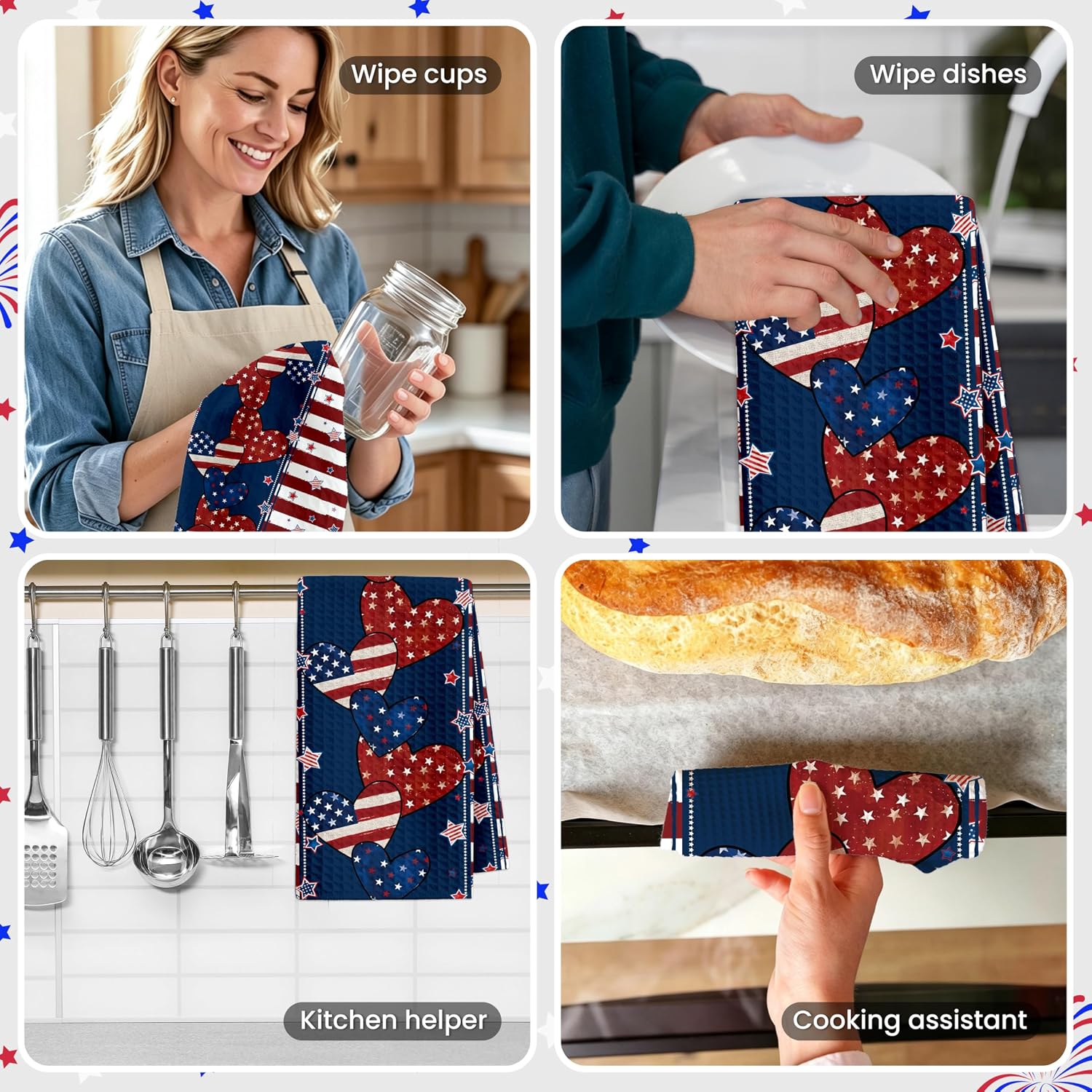 4th of July Kitchen Towels, Stripe Stars Heart 250th Anniversary Patriotic Memorial Day Independence Day Hand Towels for Bathroom, American Flag Americana Home Decor Dish Towel - A01