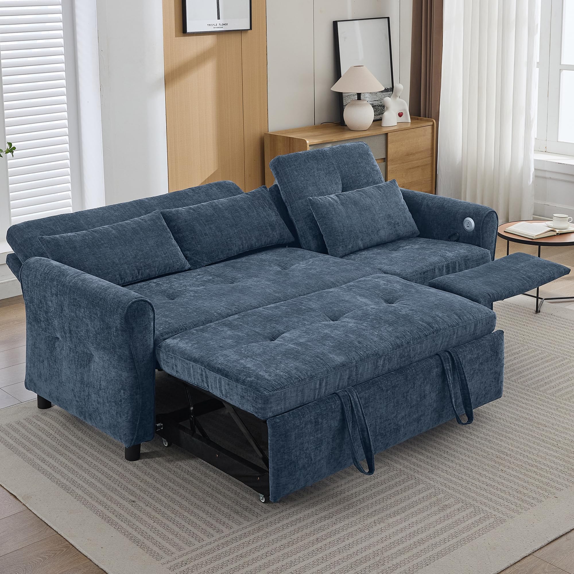 Merax 2-in-1 Convertible Sofa Bed & Recliner Sofa, 82" 3-Seater Sofa, Pull-Out Sleeper Sofa, 3 Level Adjustable Backrest, Reversible Left/Right, with USB Charging Ports, Easy to Assemble (Blue)