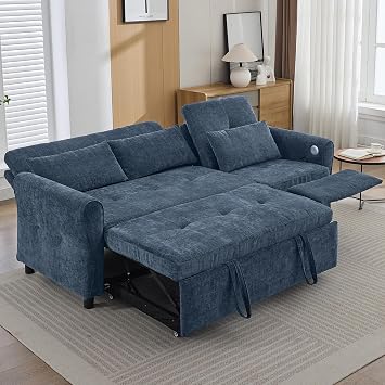 3-Seater Sofa with Pull-Out Sofa Bed and a Reversible Recliner, 82" Sofa Couch with Adjustable Backrest, Dual USB Charging Ports, Curved Armrests for Living Room Apartment Blue-3S