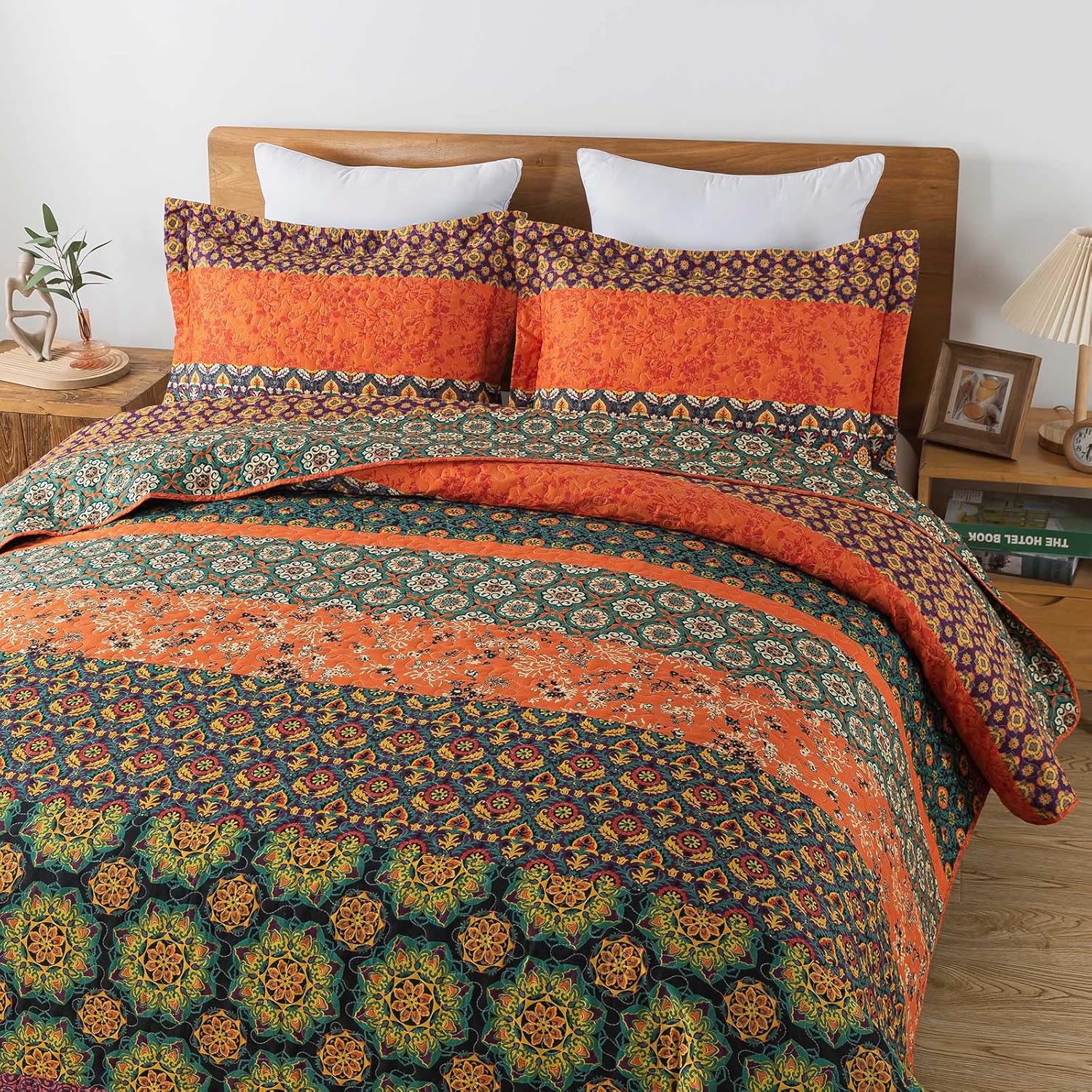 Travan Boho Stripe Quilt Sets Floral Printed Reversible Soft Bohemian Bedding Set with Shams for All Season, Orange Red Stripe, Queen Size - Image 3