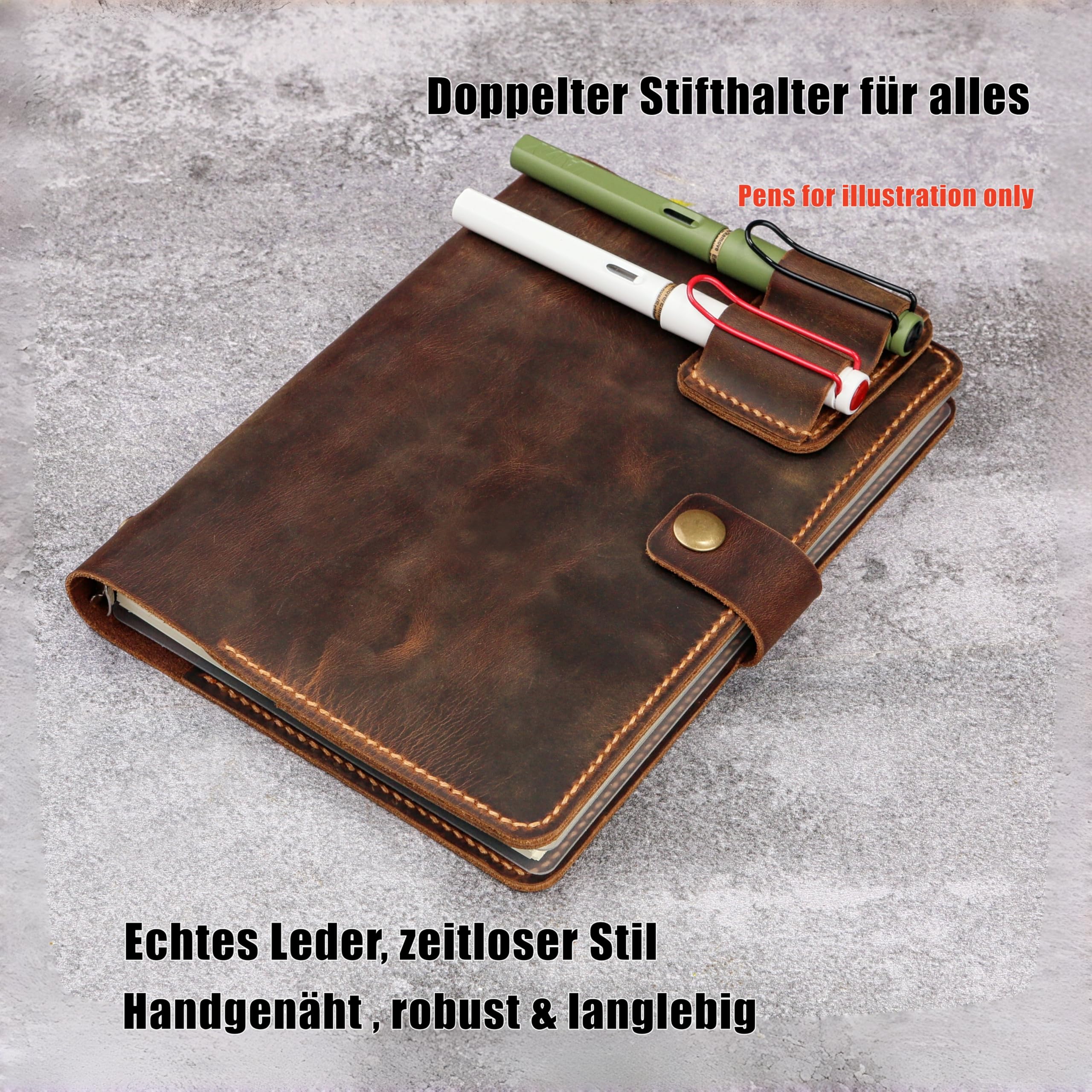 D&M leather studio Leder Notizbuch A5 – Handgefertigtes Ringbuch & Tagebuch, Leicht & Kompakt, Nachfüllbar Kalender Organizer mit Doppeltem Stifthalters, Bullet Journal Notizbuch