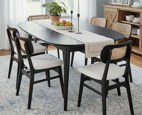 Vista 67 de EALSON Juego de 2 sillas de comedor de ratán, tapizadas de cuero, sillas de cocina de madera modernas de mediados de siglo, sillas laterales sin